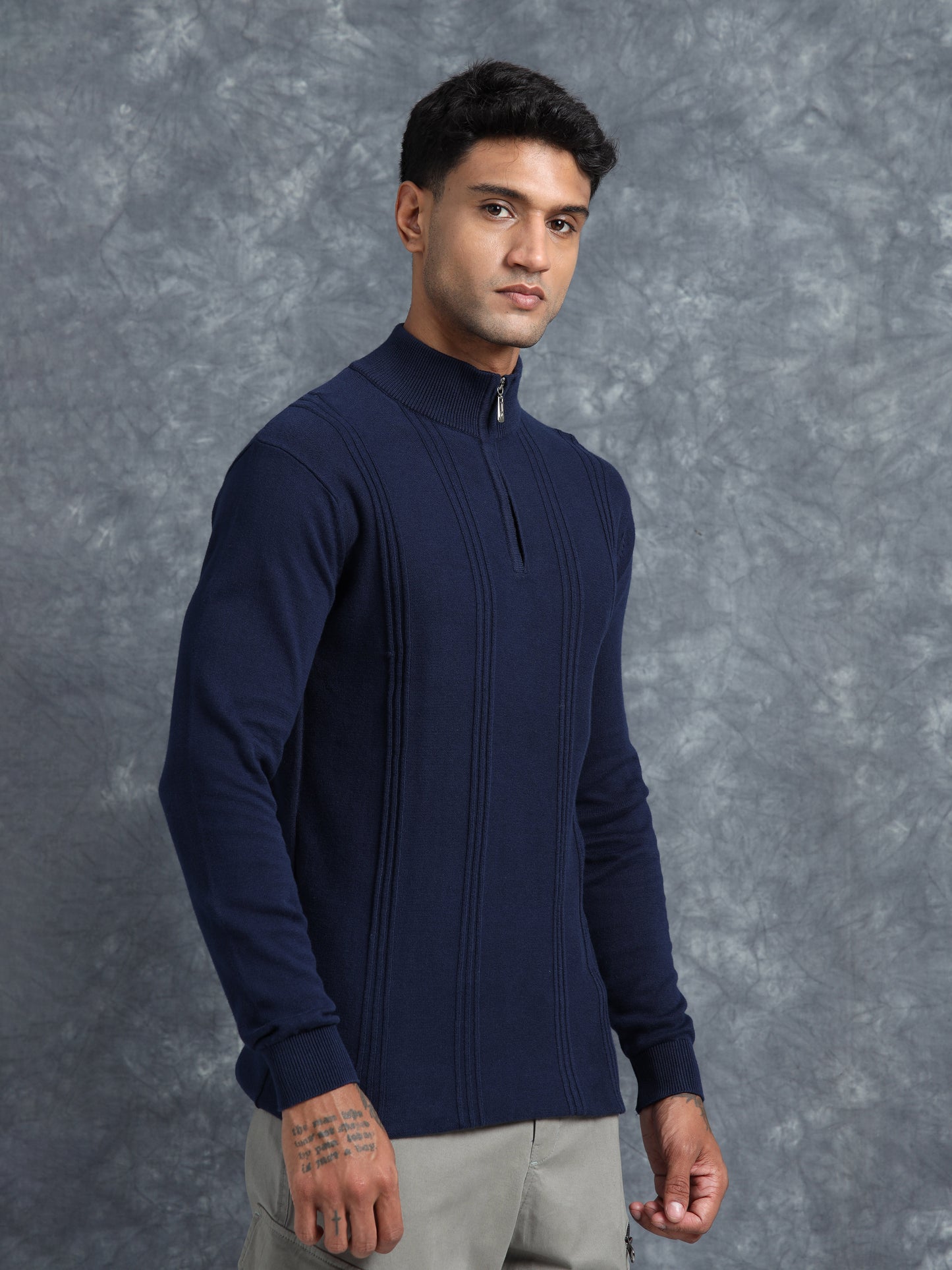 Midnight Blue Full Sleeve Zipper Knitted T-Shirt