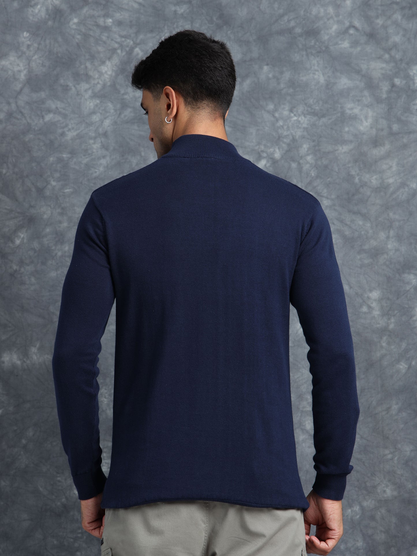 Midnight Blue Full Sleeve Zipper Knitted T-Shirt