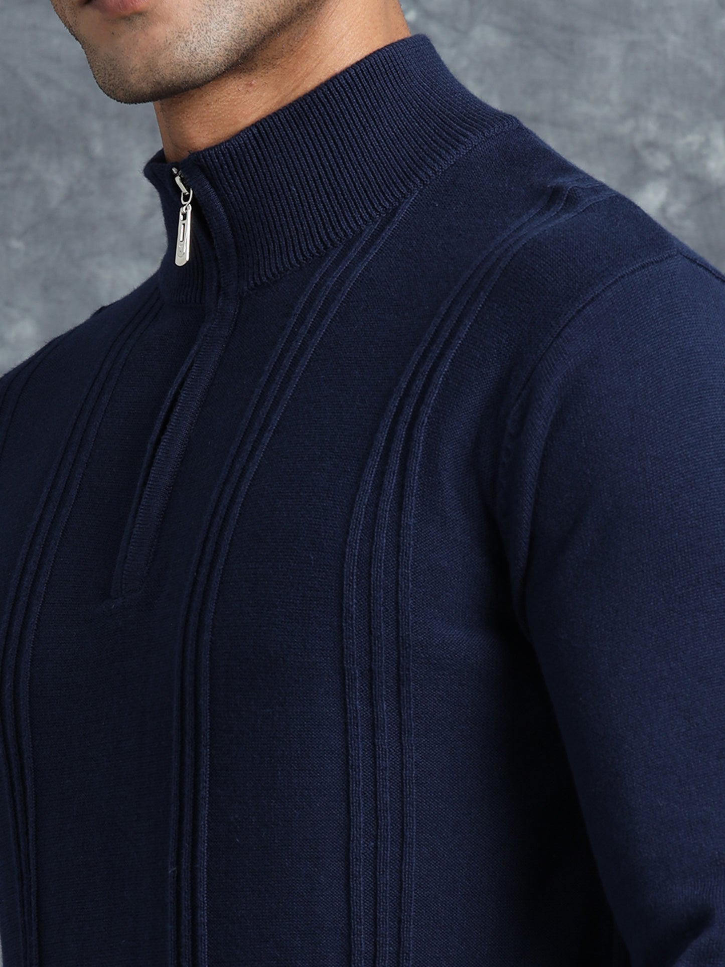 Midnight Blue Full Sleeve Zipper Knitted T-Shirt