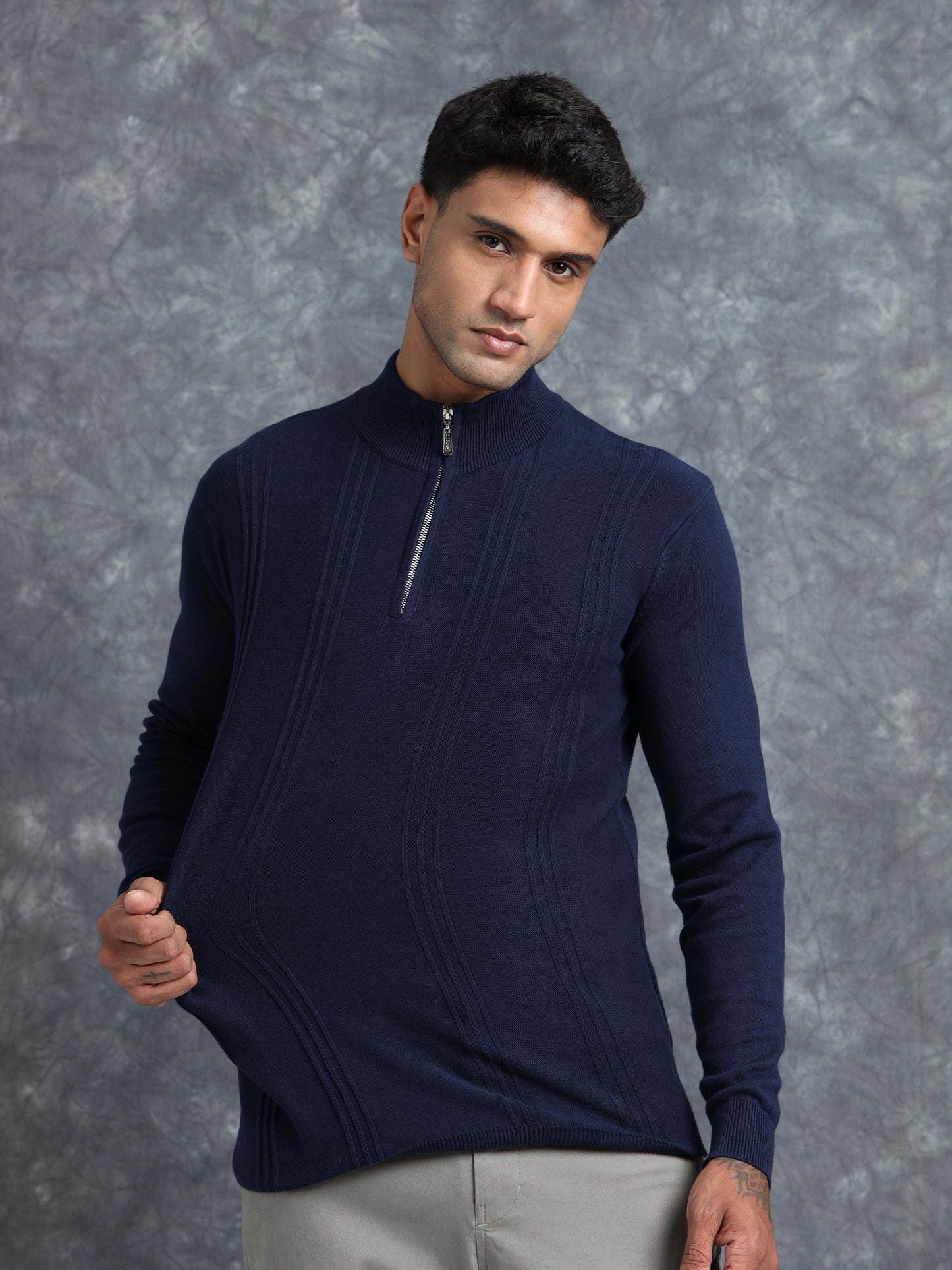 Midnight Blue Full Sleeve Zipper Knitted T-Shirt