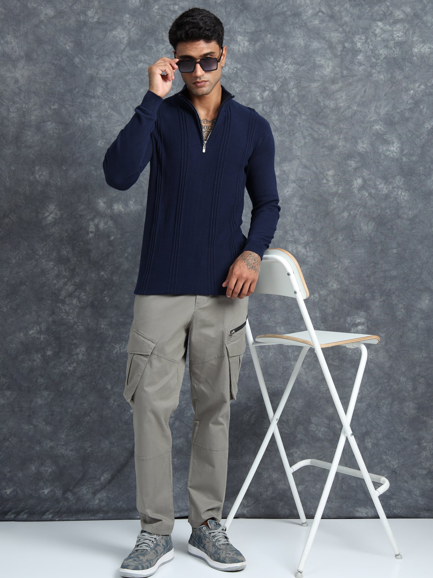 Midnight Blue Full Sleeve Zipper Knitted T-Shirt