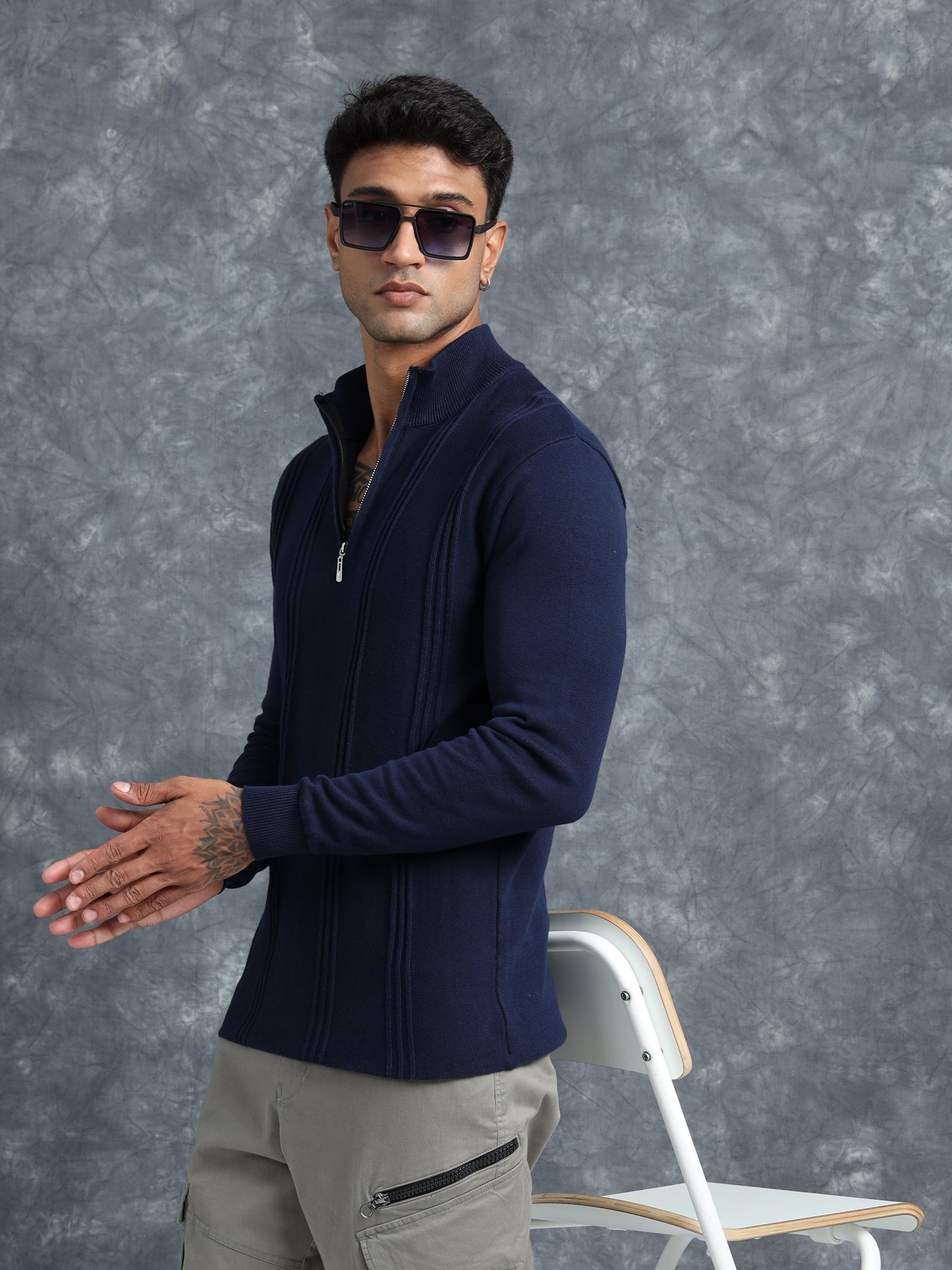 Midnight Blue Full Sleeve Zipper Knitted T-Shirt