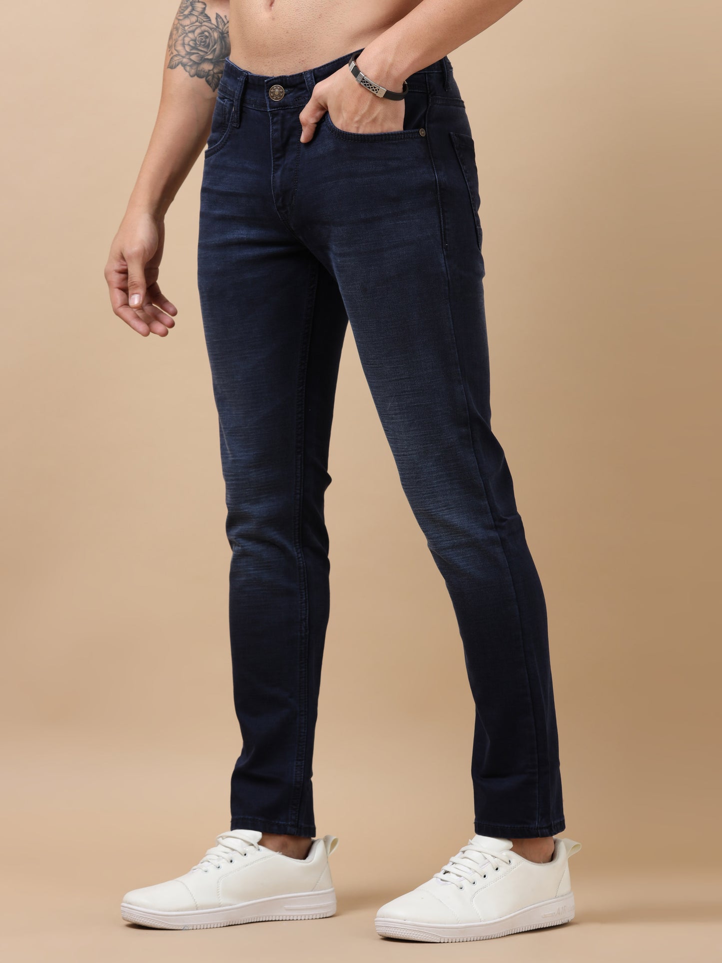 Navy Peached Knitted Denim Jeans