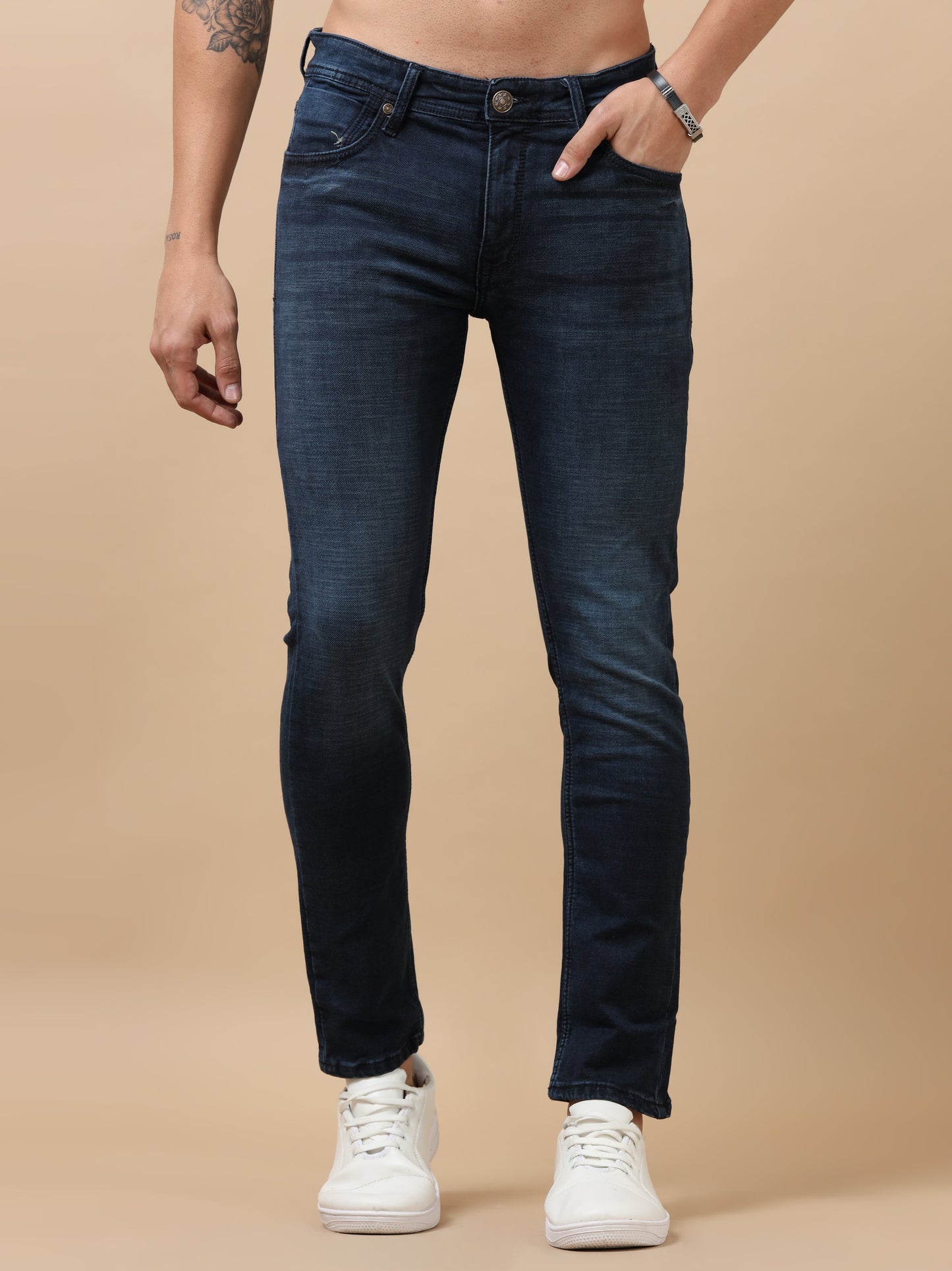 Dark Blue Peached Knitted Denim Jeans
