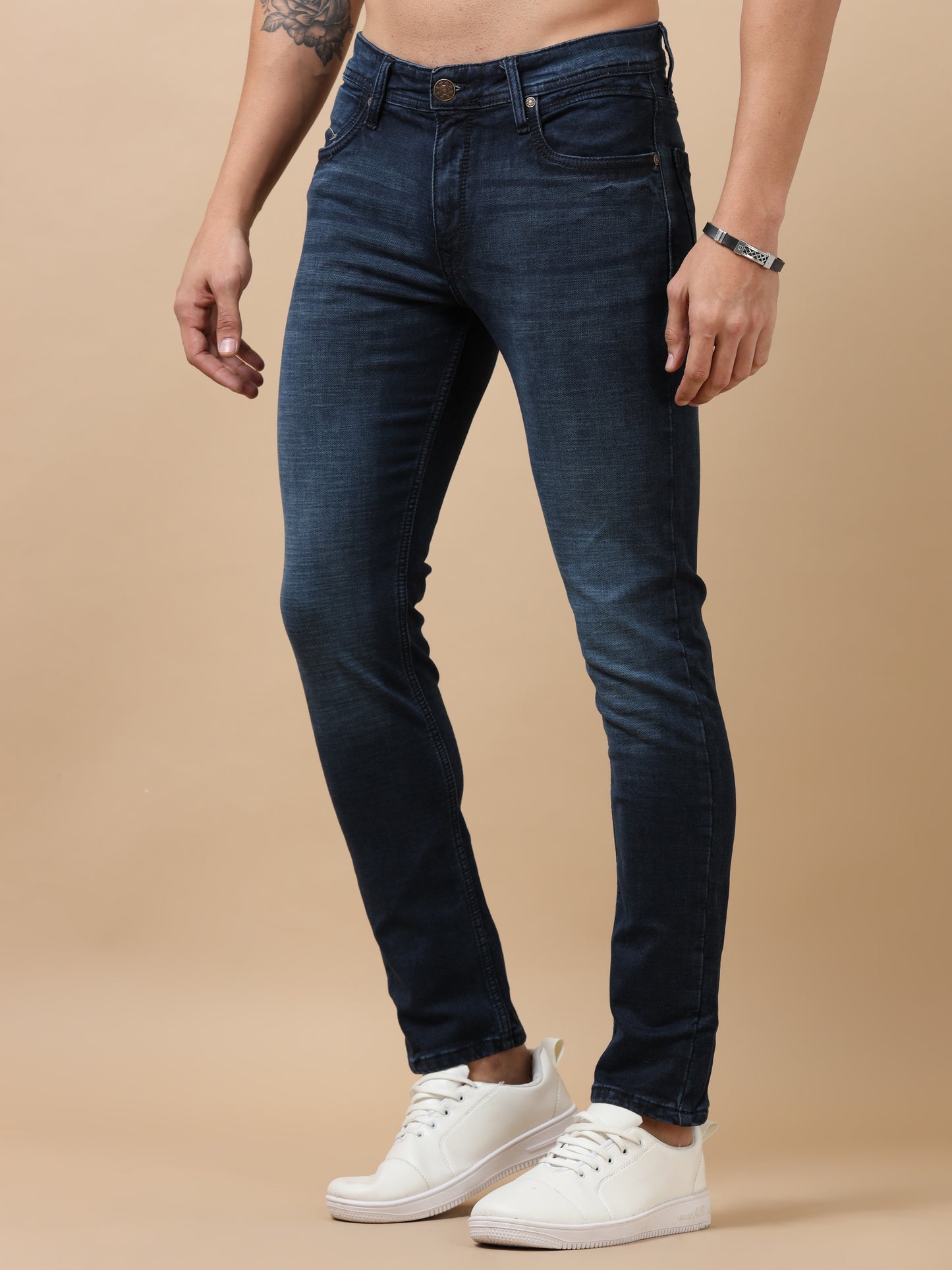 Dark Blue Peached Knitted Denim Jeans
