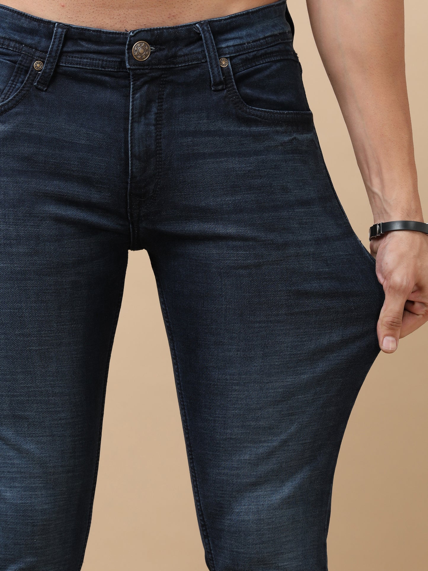 Dark Blue Peached Knitted Denim Jeans