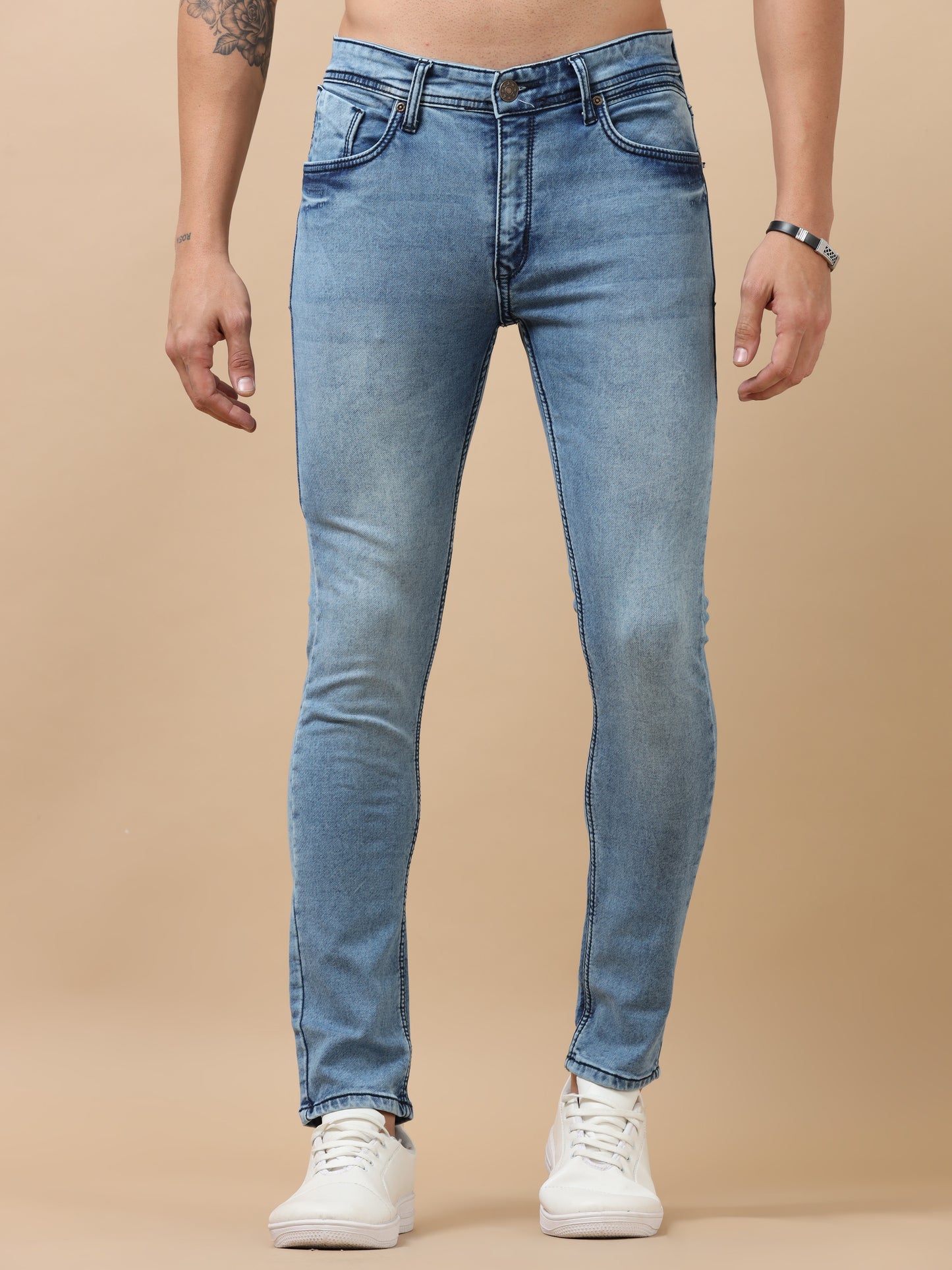 Blue Peached Knitted Denim Jeans