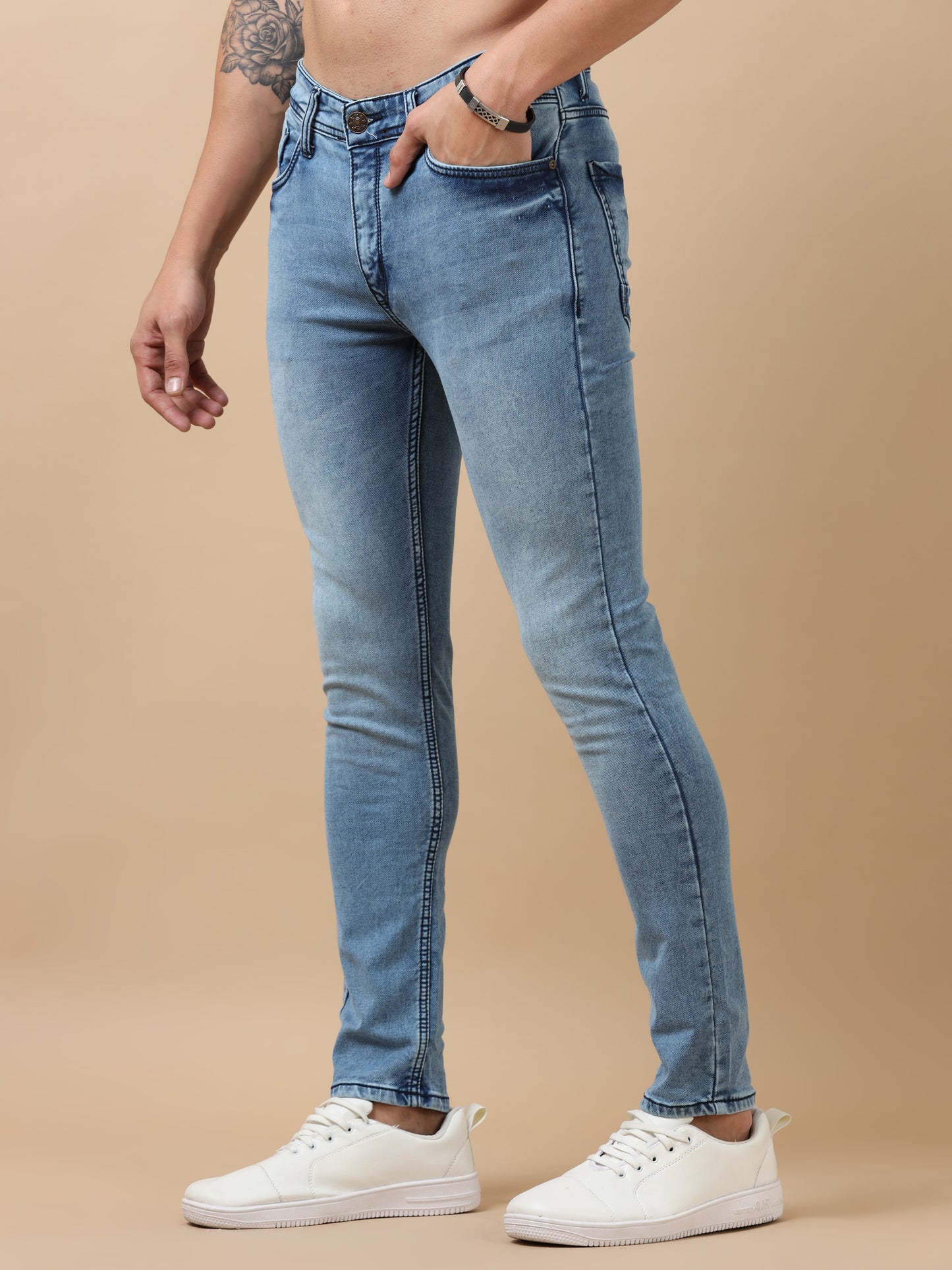 Blue Peached Knitted Denim Jeans