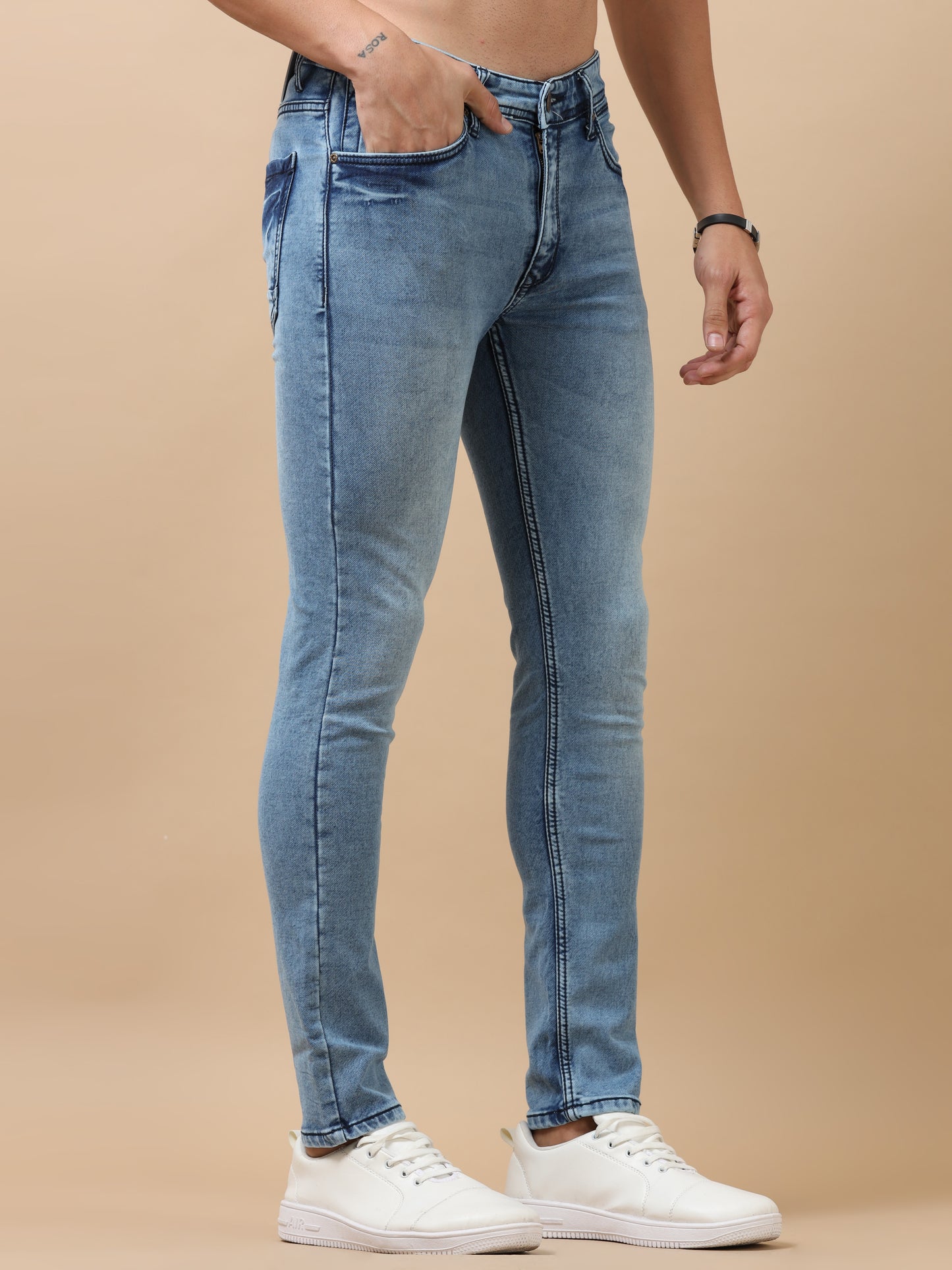 Blue Peached Knitted Denim Jeans