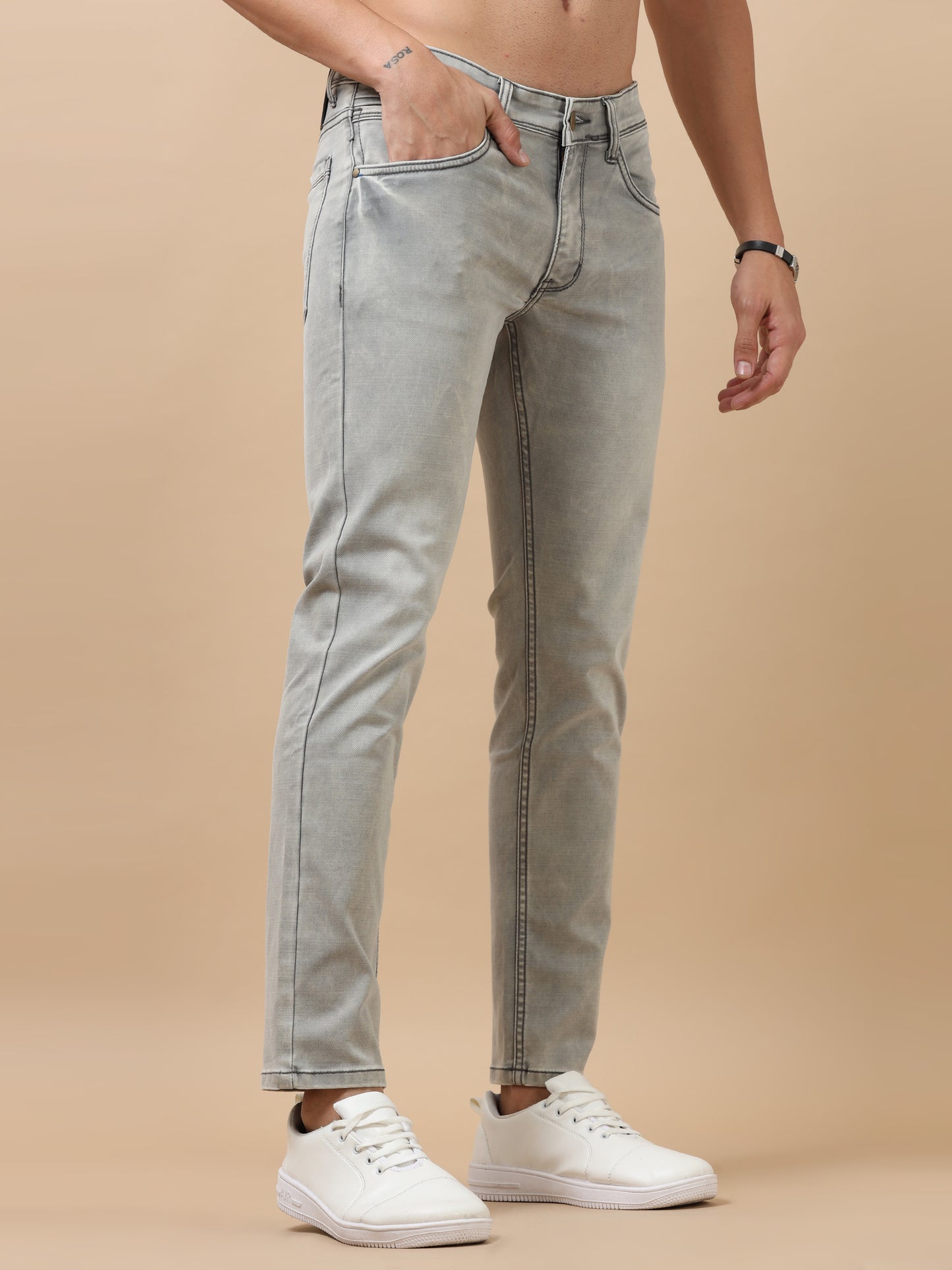 Light Grey Peached Knitted Denim Jeans