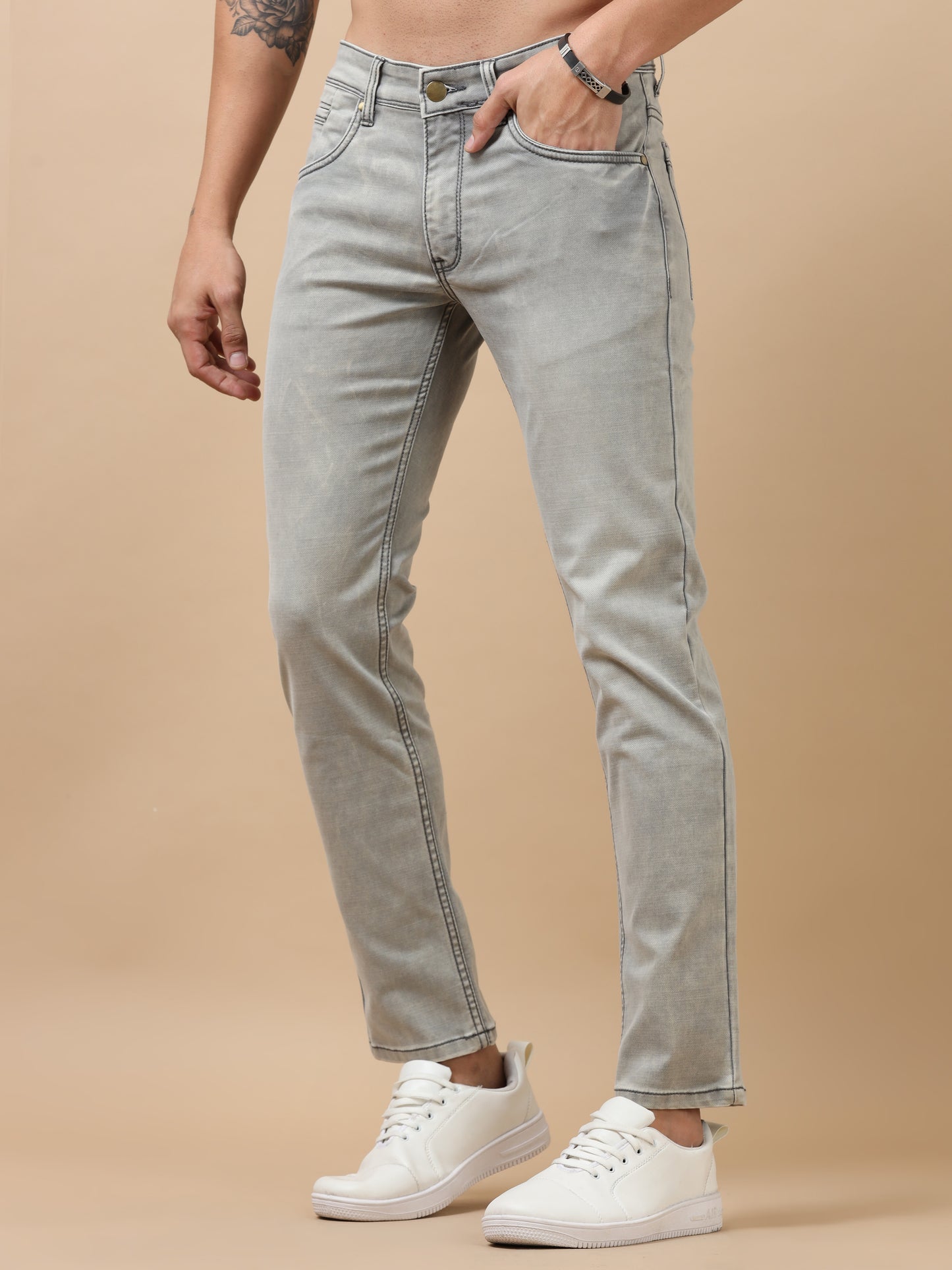 Light Grey Peached Knitted Denim Jeans
