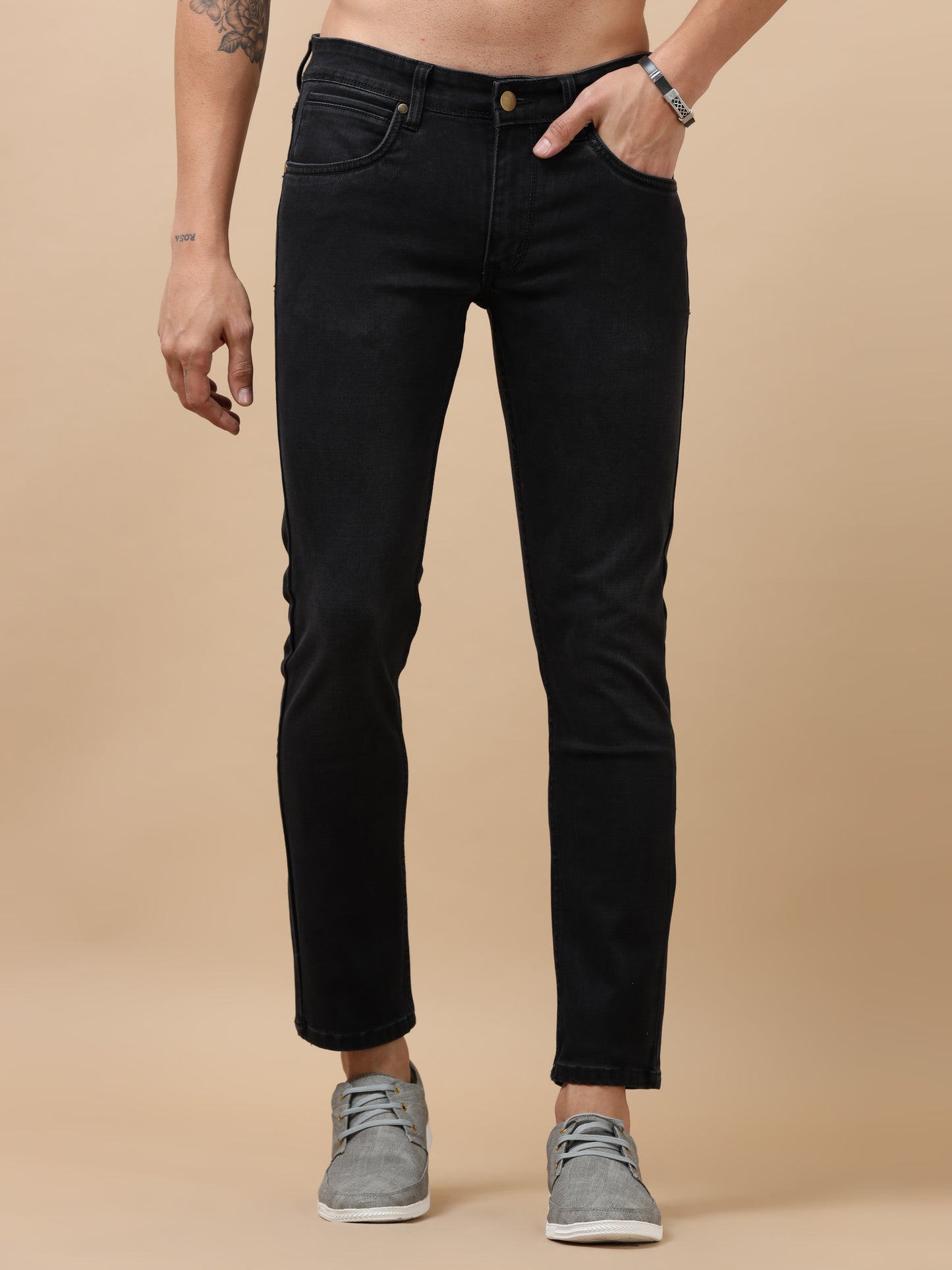 Charcoal Peached Knitted Denim Jeans