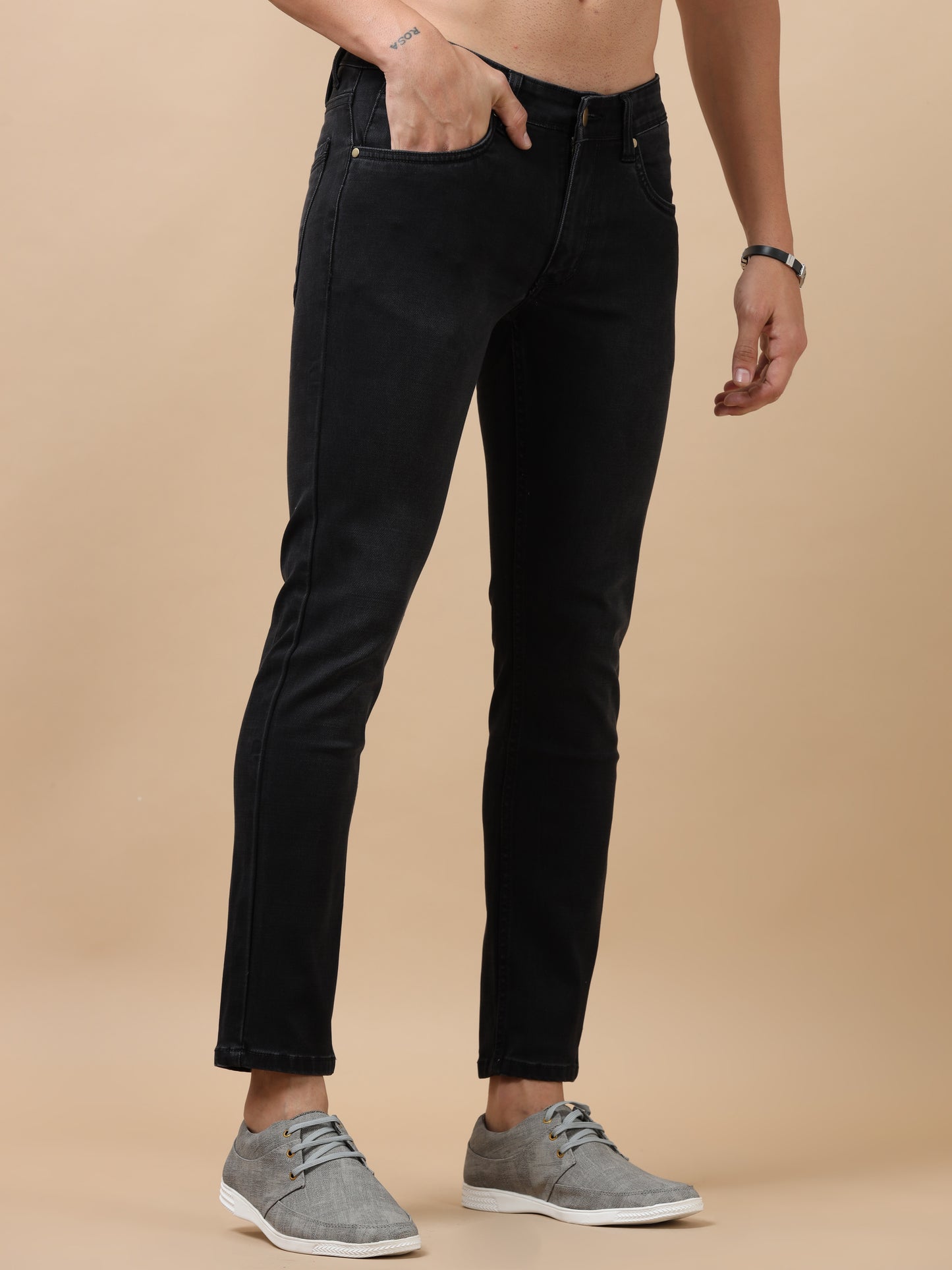 Charcoal Peached Knitted Denim Jeans