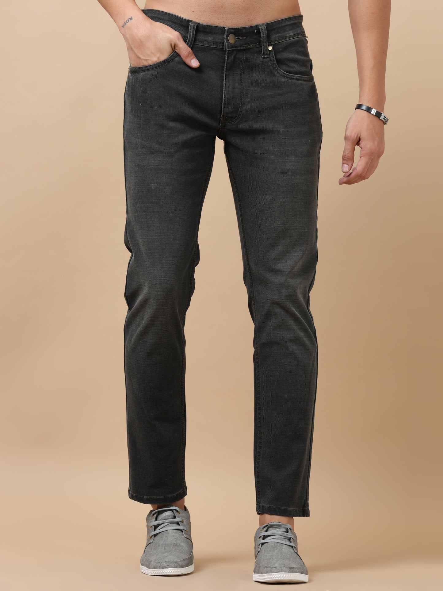 Grey Peached Knitted Denim Jeans