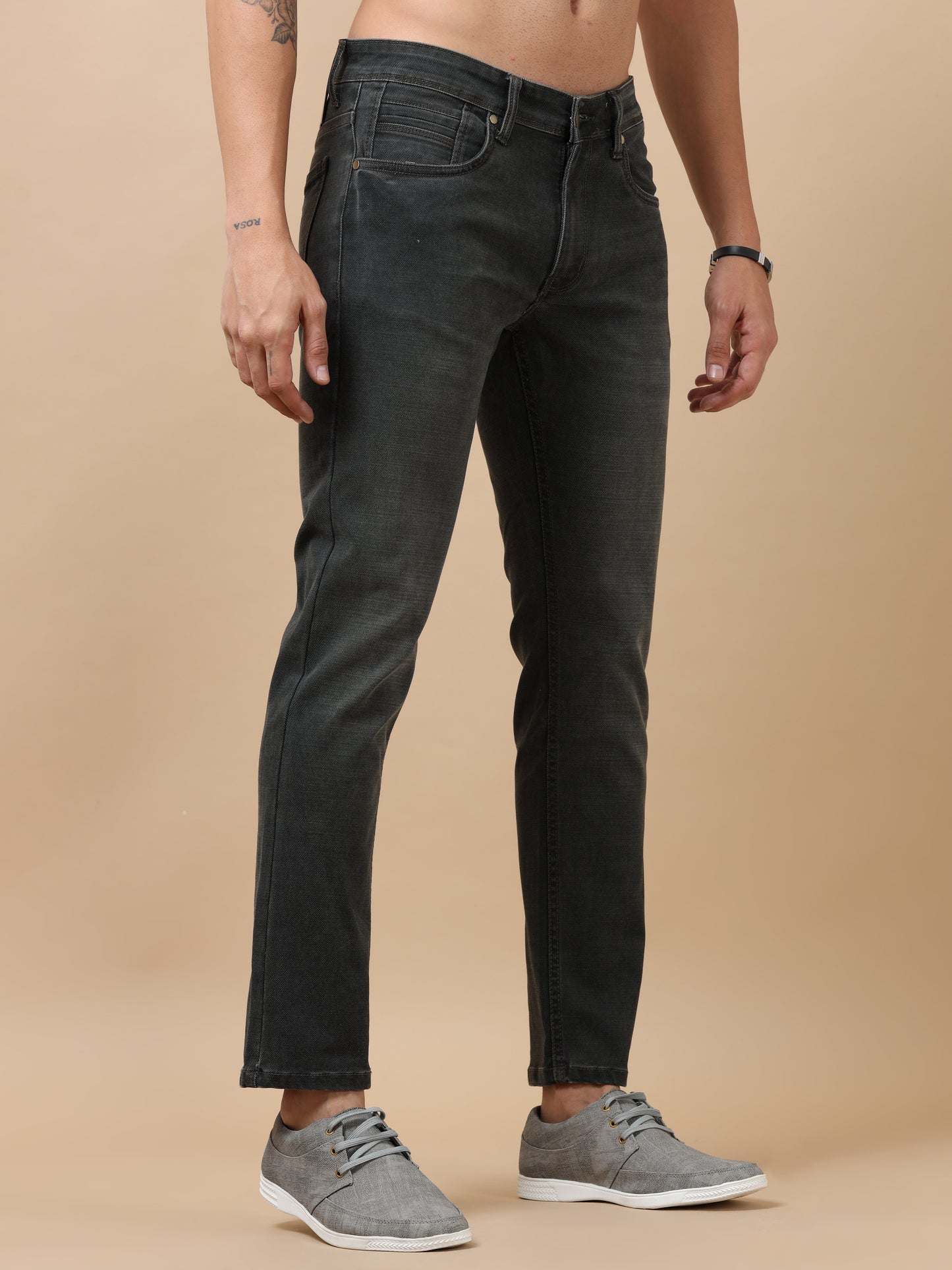 Grey Peached Knitted Denim Jeans