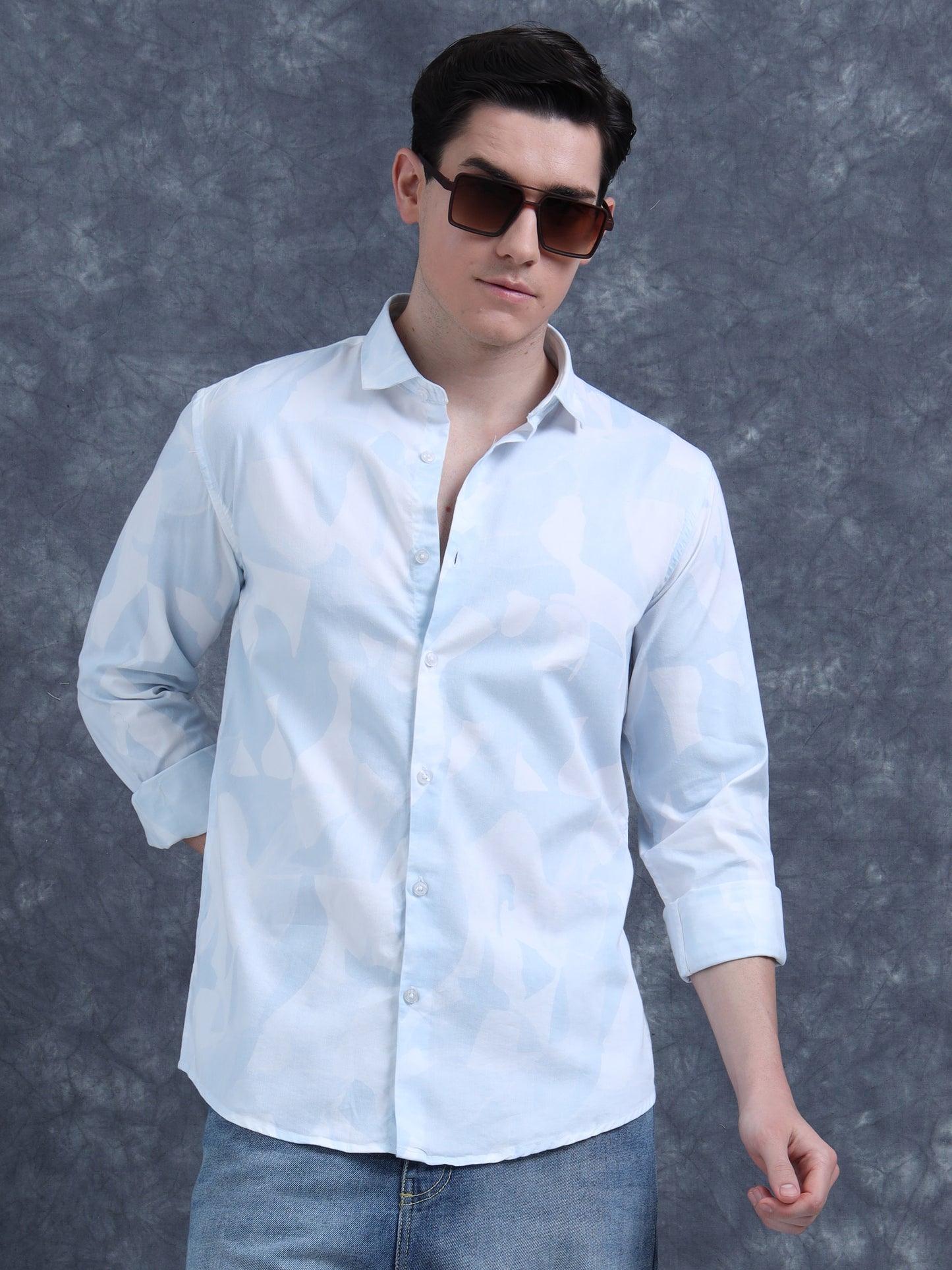 Men Printed Casual Light Blue Shirt