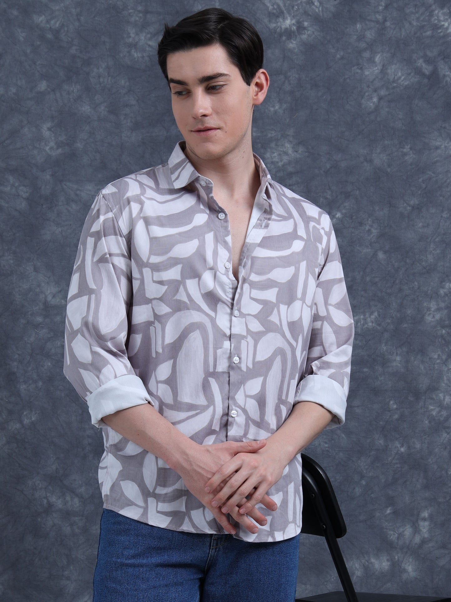 Grey with  White leaf Printed Shirt