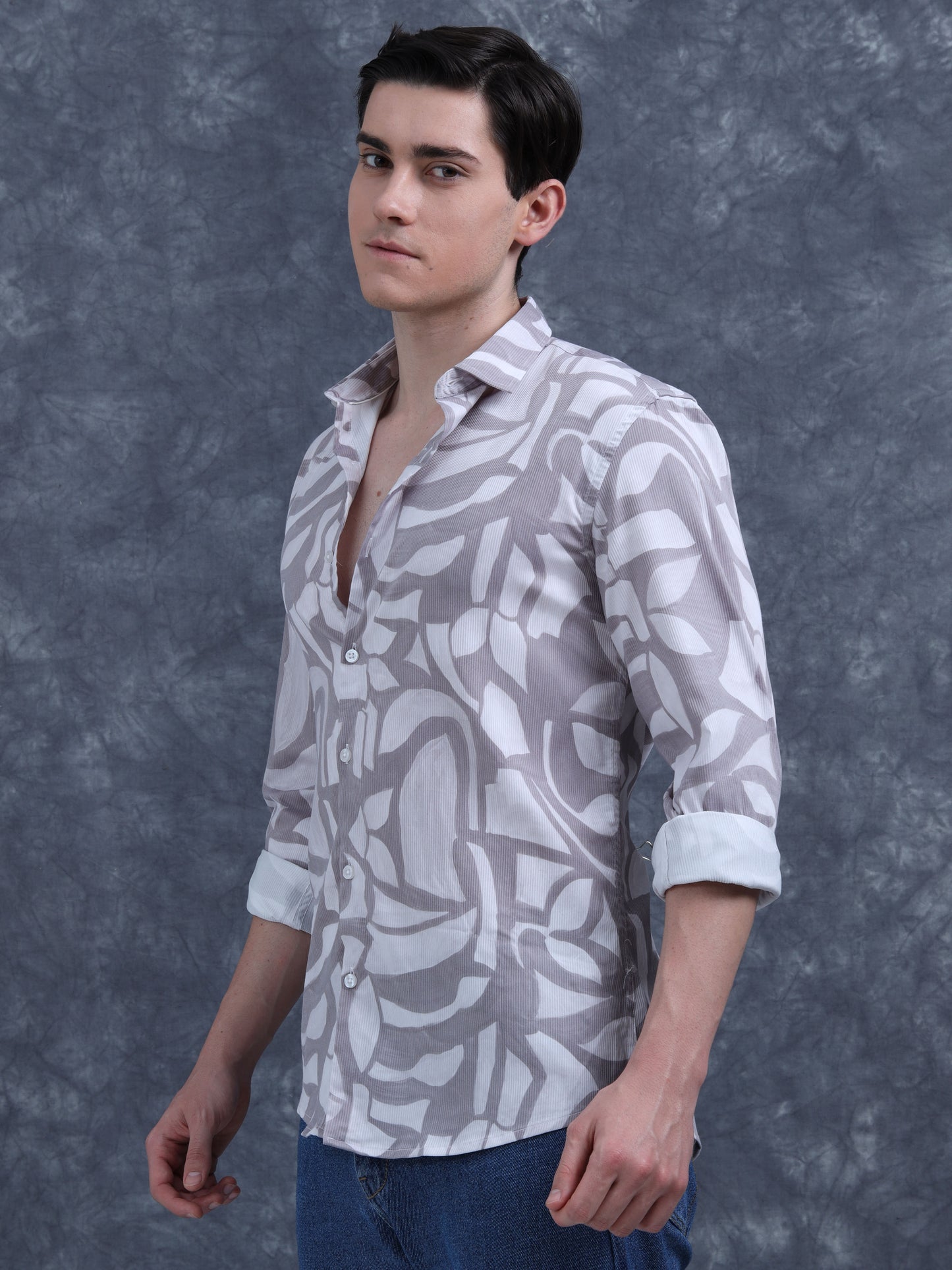 Grey with  White leaf Printed Shirt