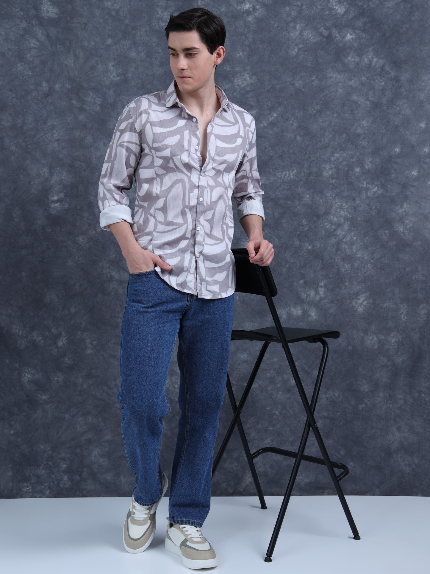 Grey with  White leaf Printed Shirt