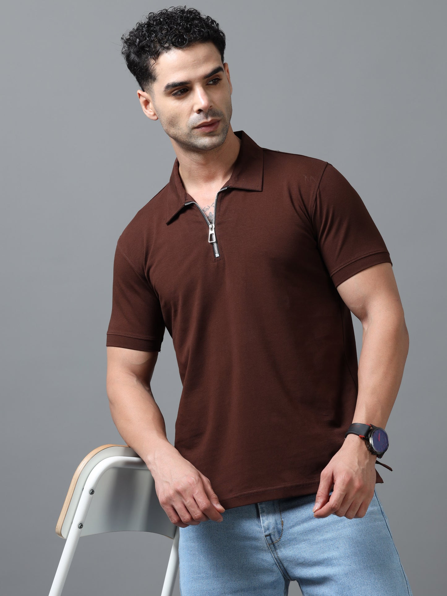 Brown Zipper Polo T-Shirt