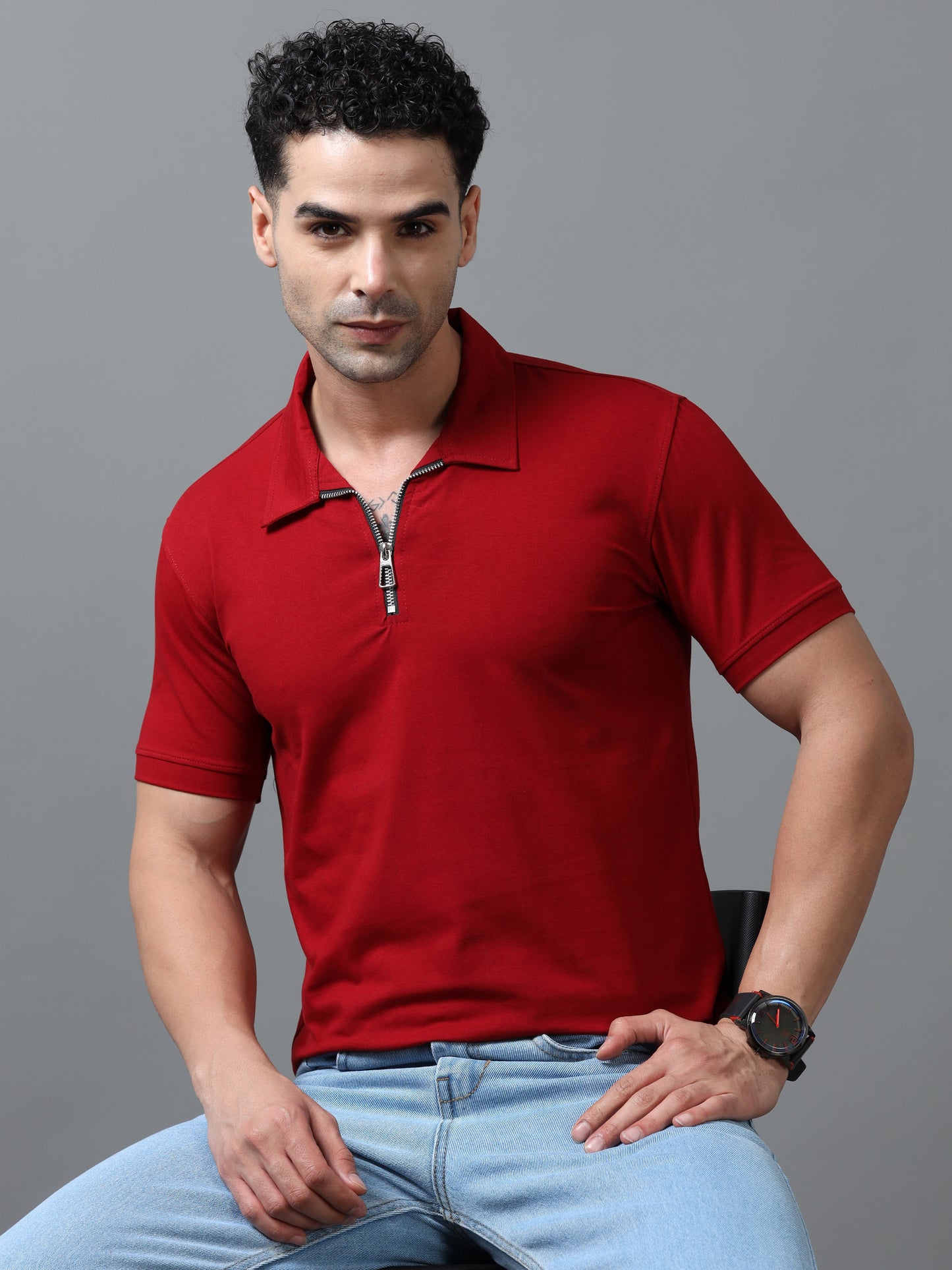Red  Zipper Polo T-Shirt