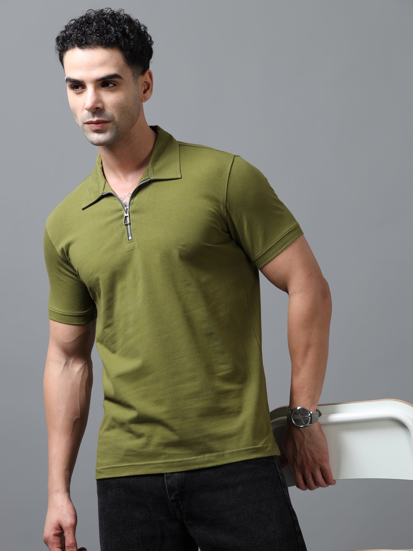 Olive Zipper Polo T-Shirt