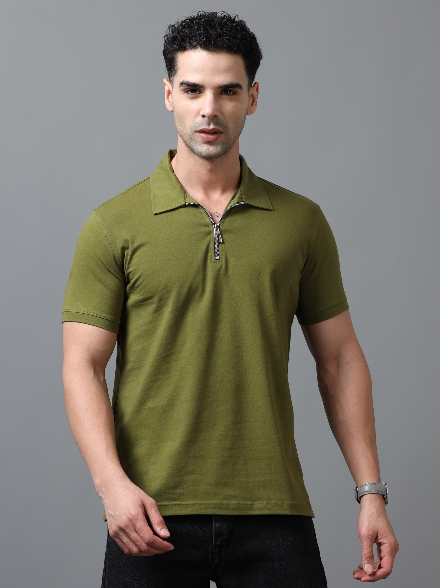 Olive Zipper Polo T-Shirt