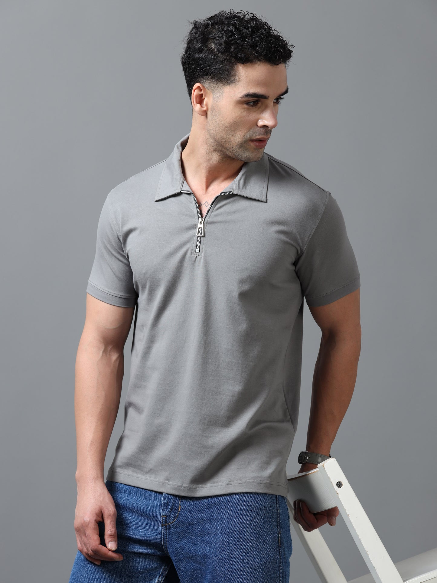 Grey Zipper Polo T-Shirt