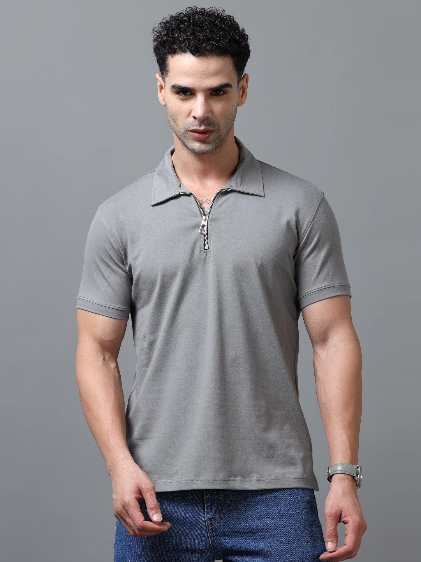 Grey Zipper Polo T-Shirt