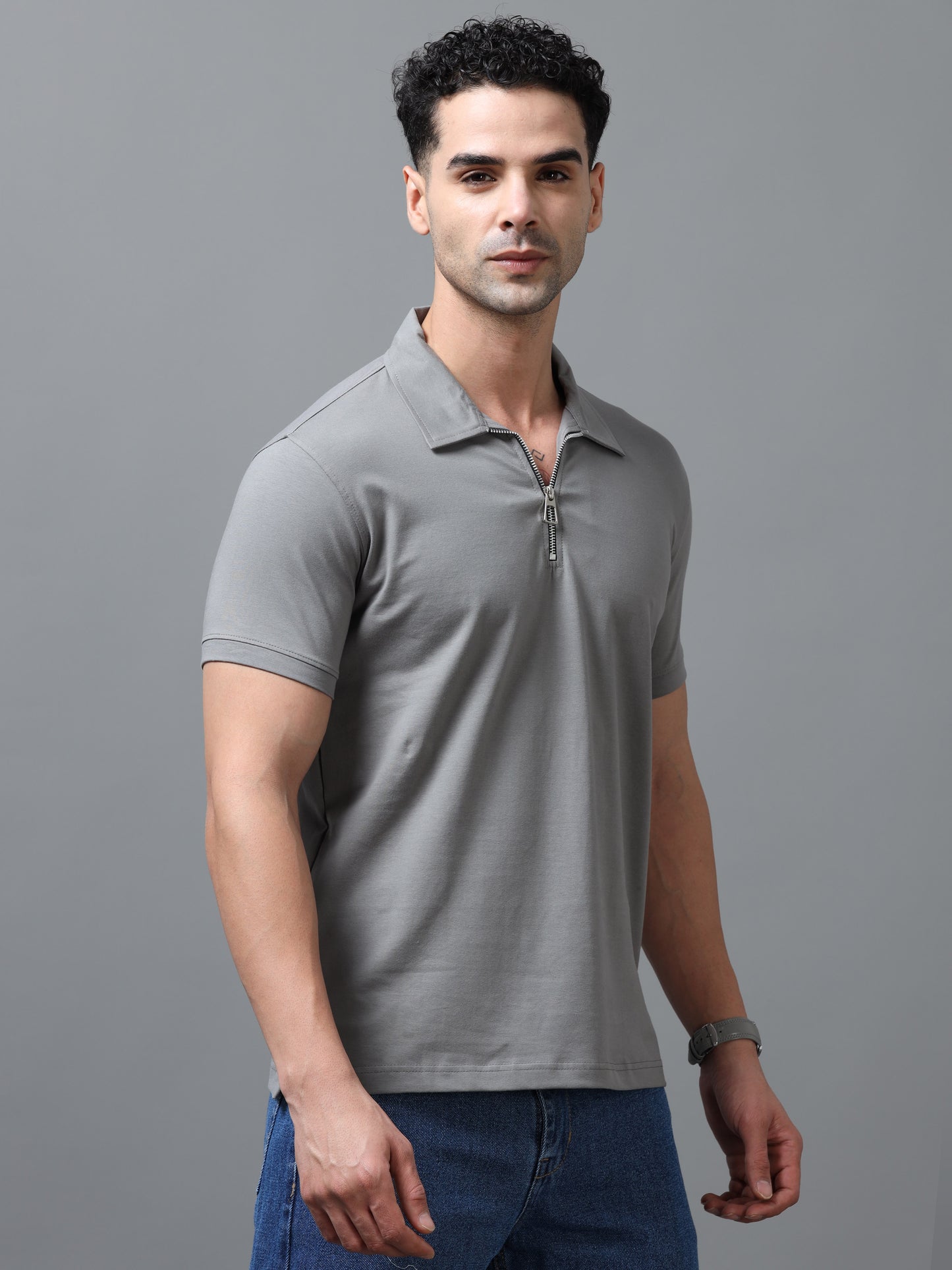 Grey Zipper Polo T-Shirt