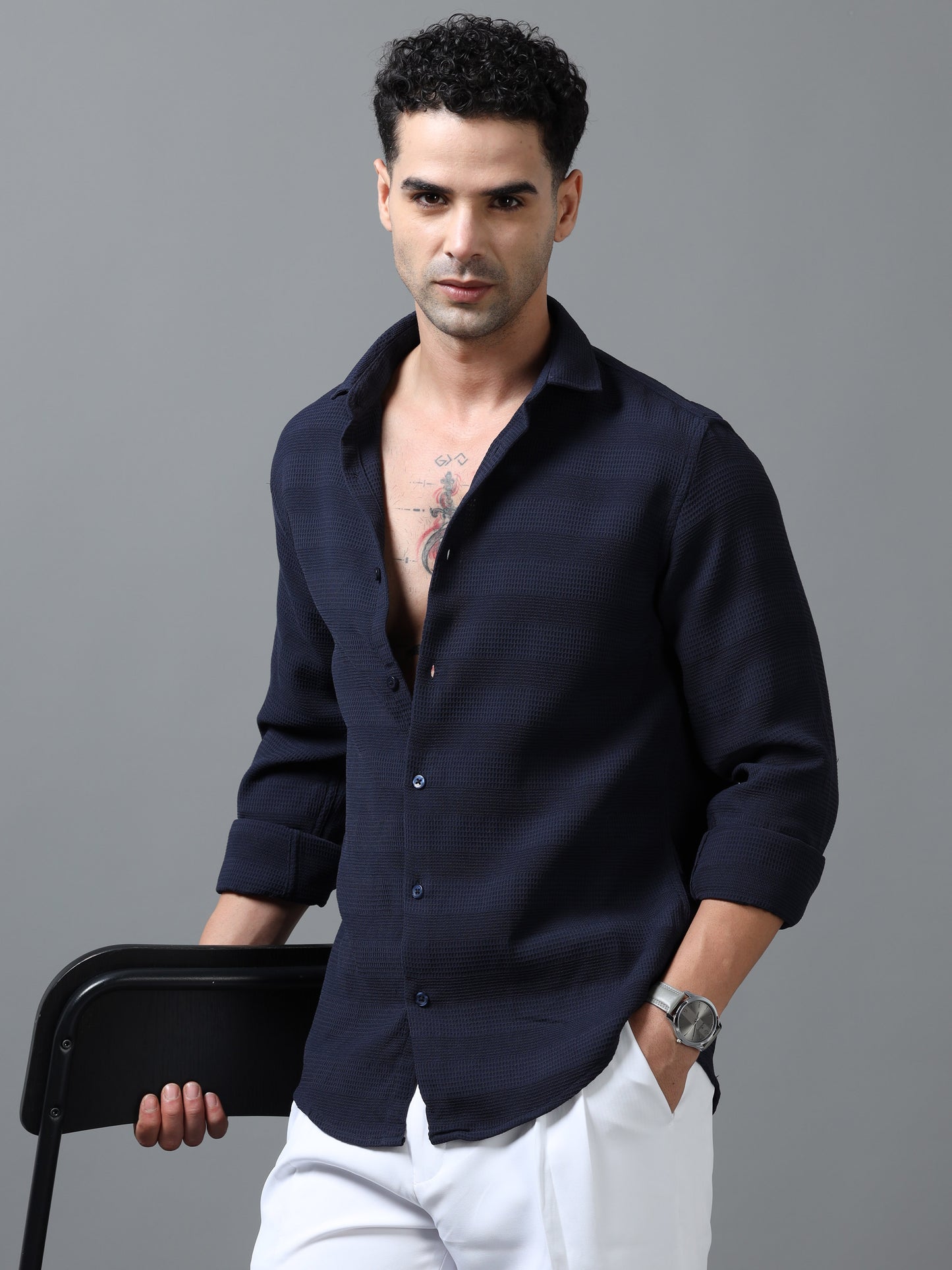 Navy Textured Fabric Shirt