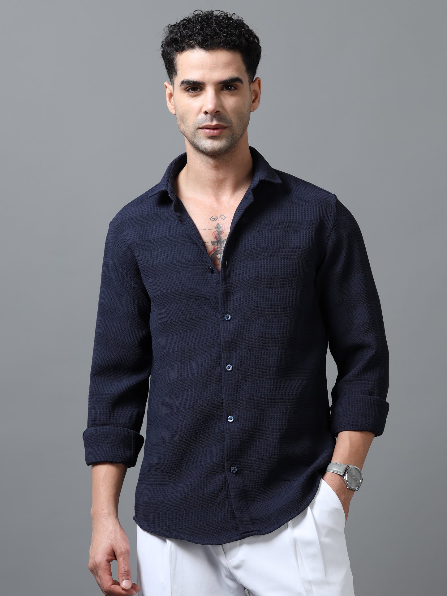 Navy Textured Fabric Shirt