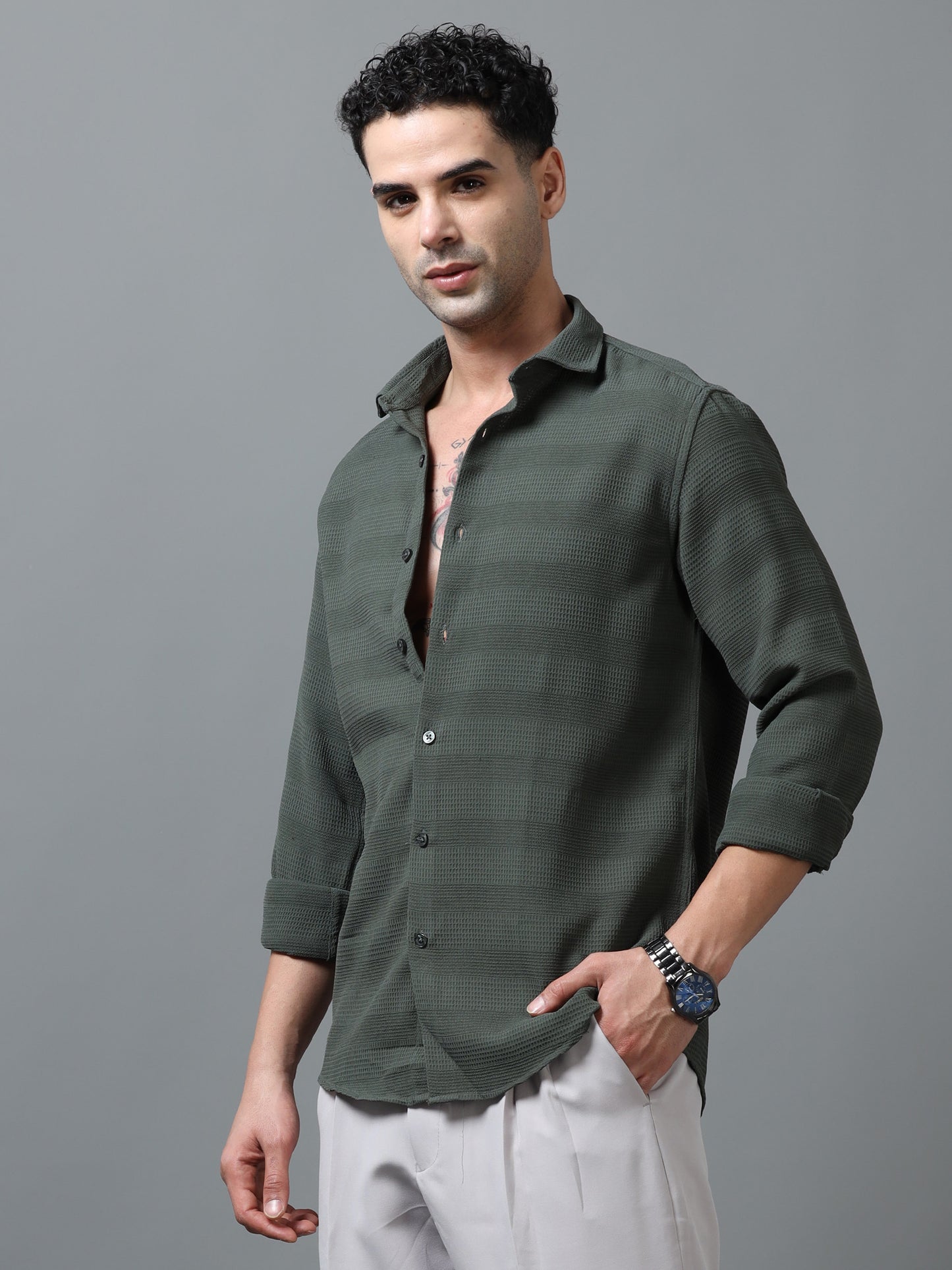 Dark Green Imported Textured Shirts
