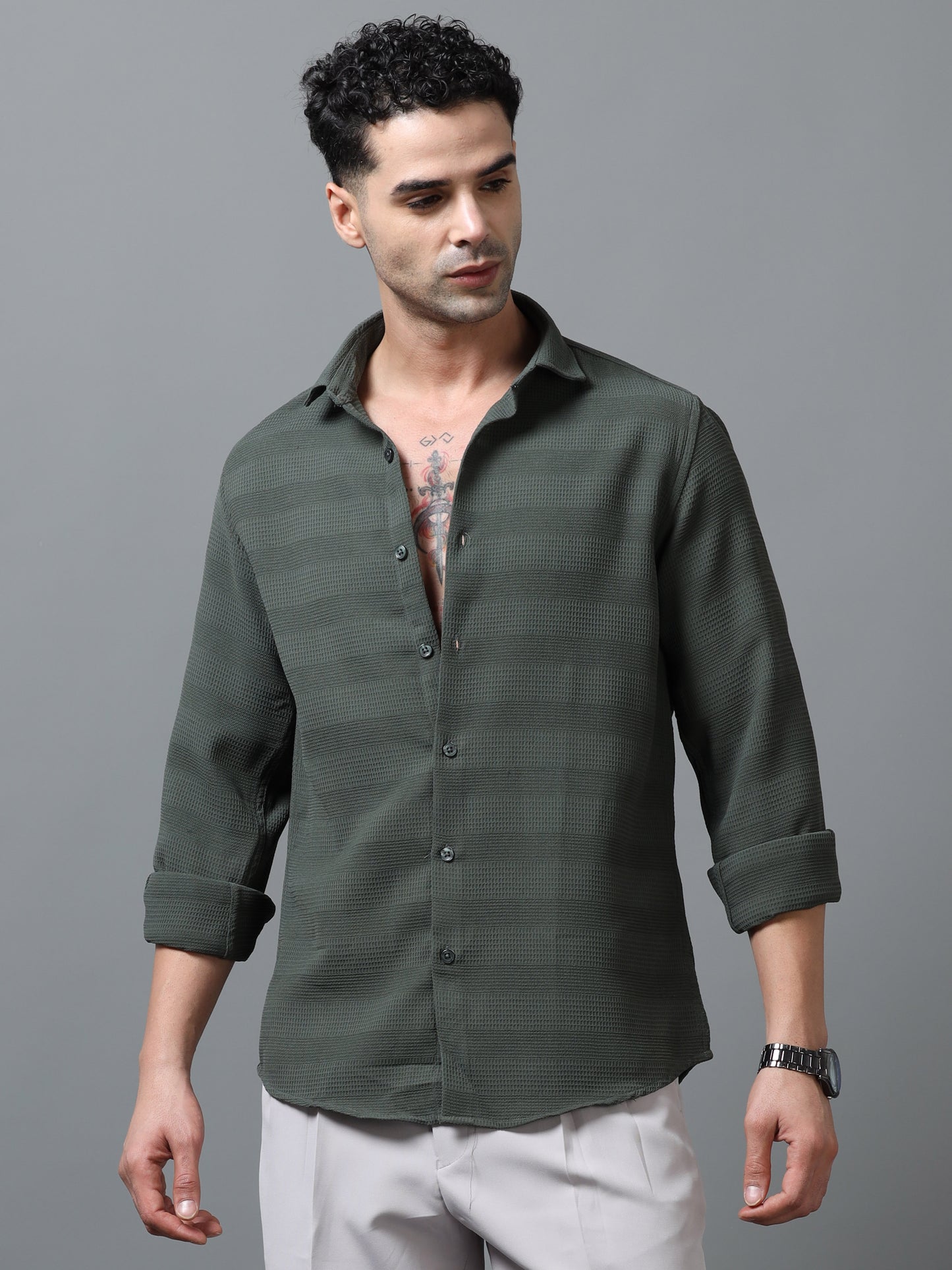 Dark Green Imported Textured Shirts