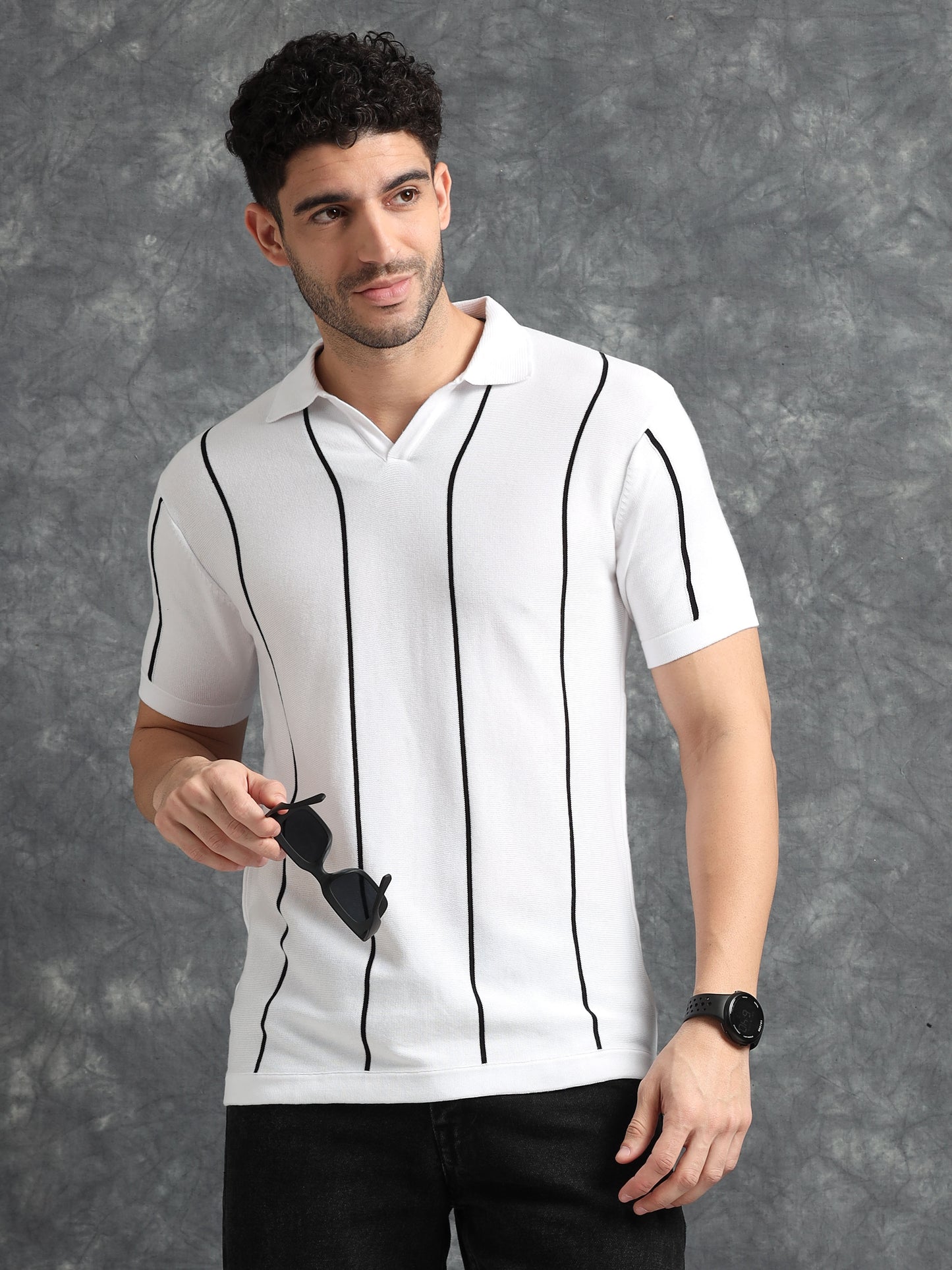 Classic Striped Polo Tee - White