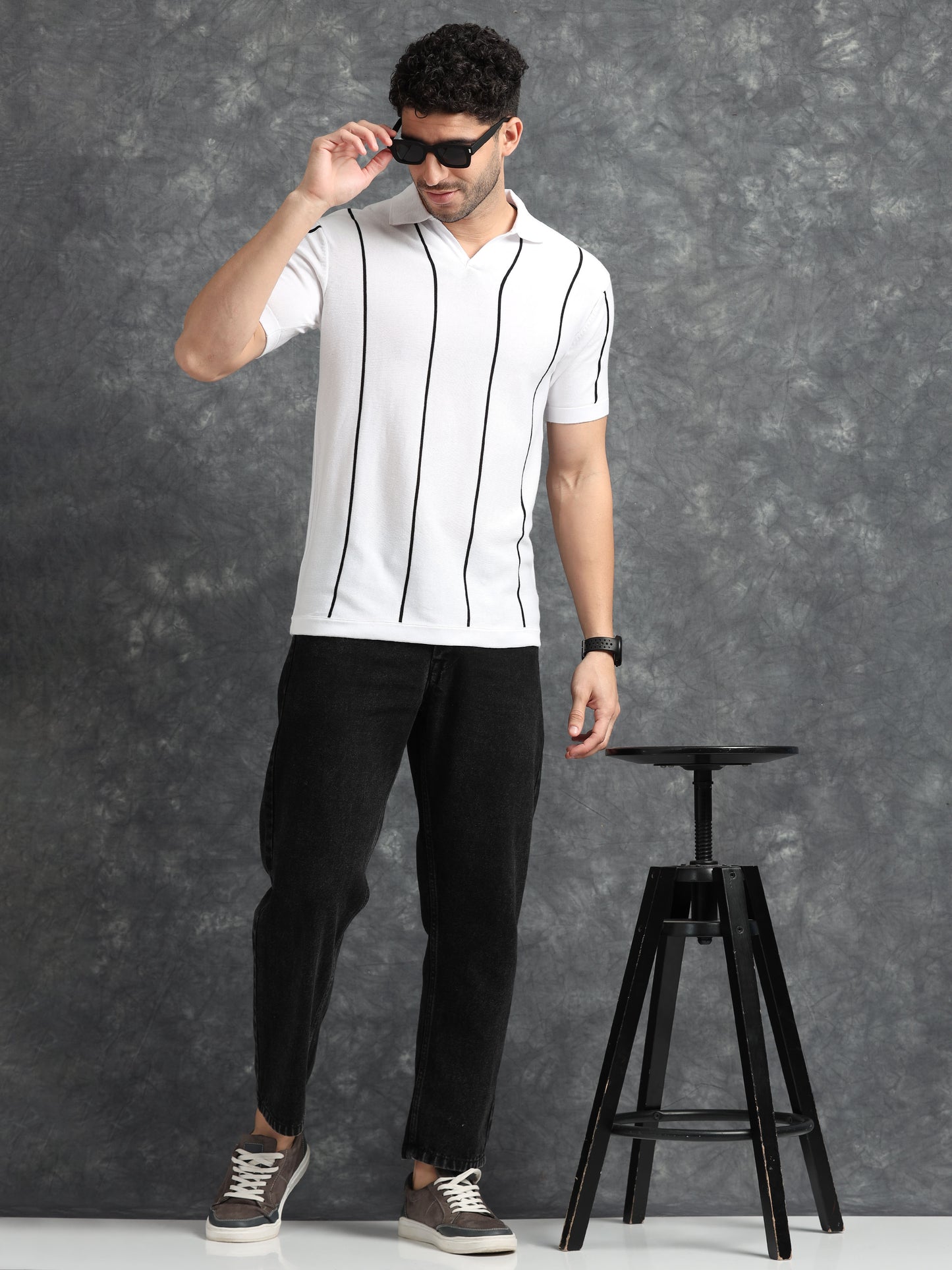 Classic Striped Polo Tee - White