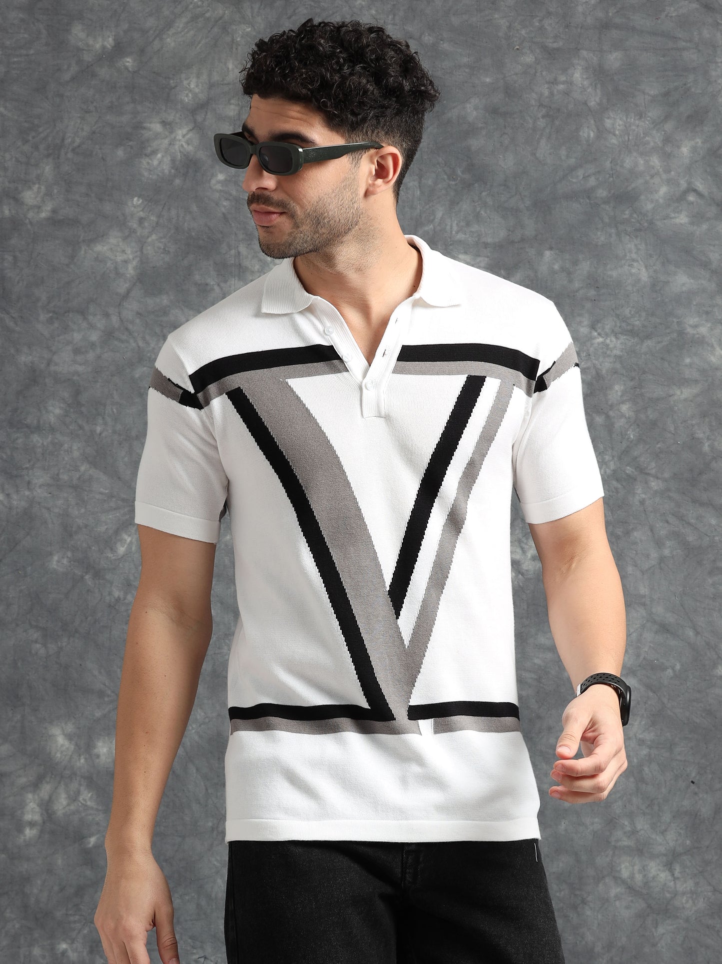 Classic V Design Polo Tee - Black & Grey