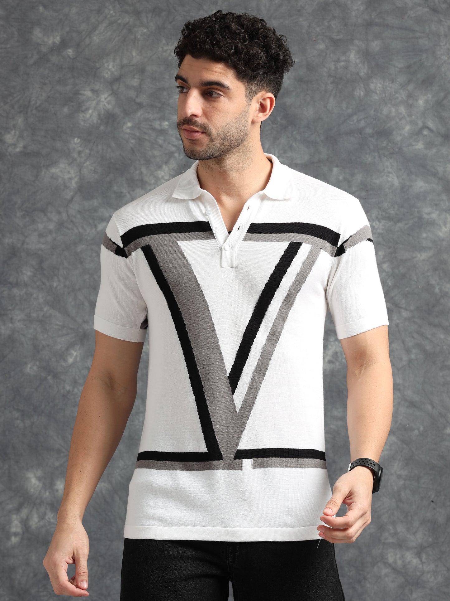 Classic V Design Polo Tee - Black & Grey