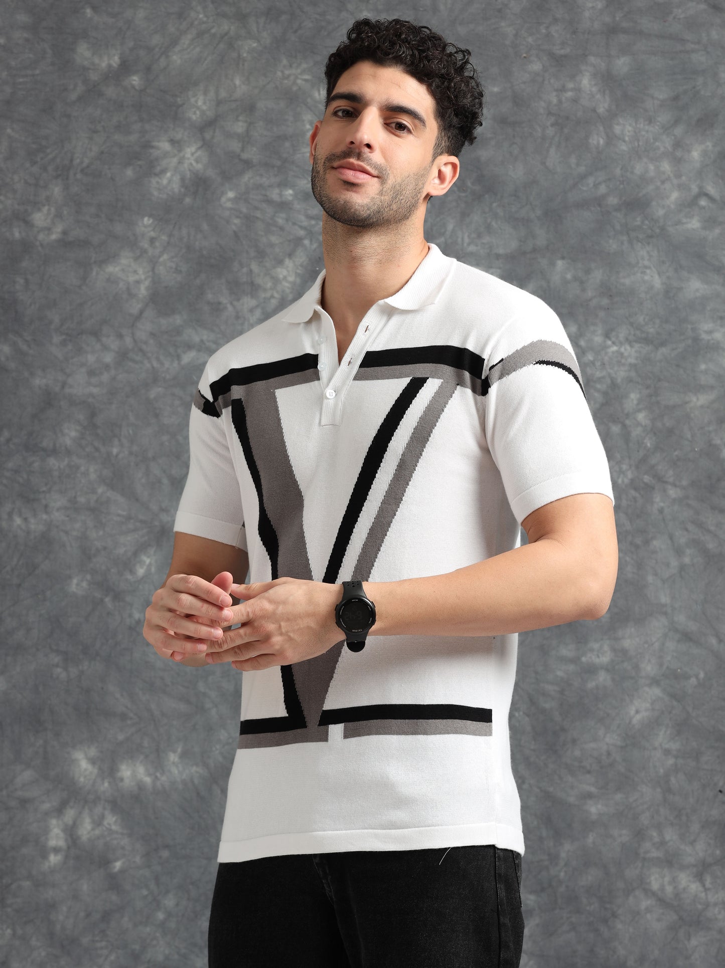 Classic V Design Polo Tee - Black & Grey