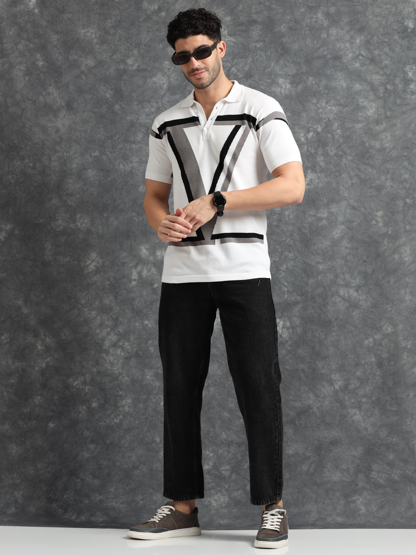 Classic V Design Polo Tee - Black & Grey