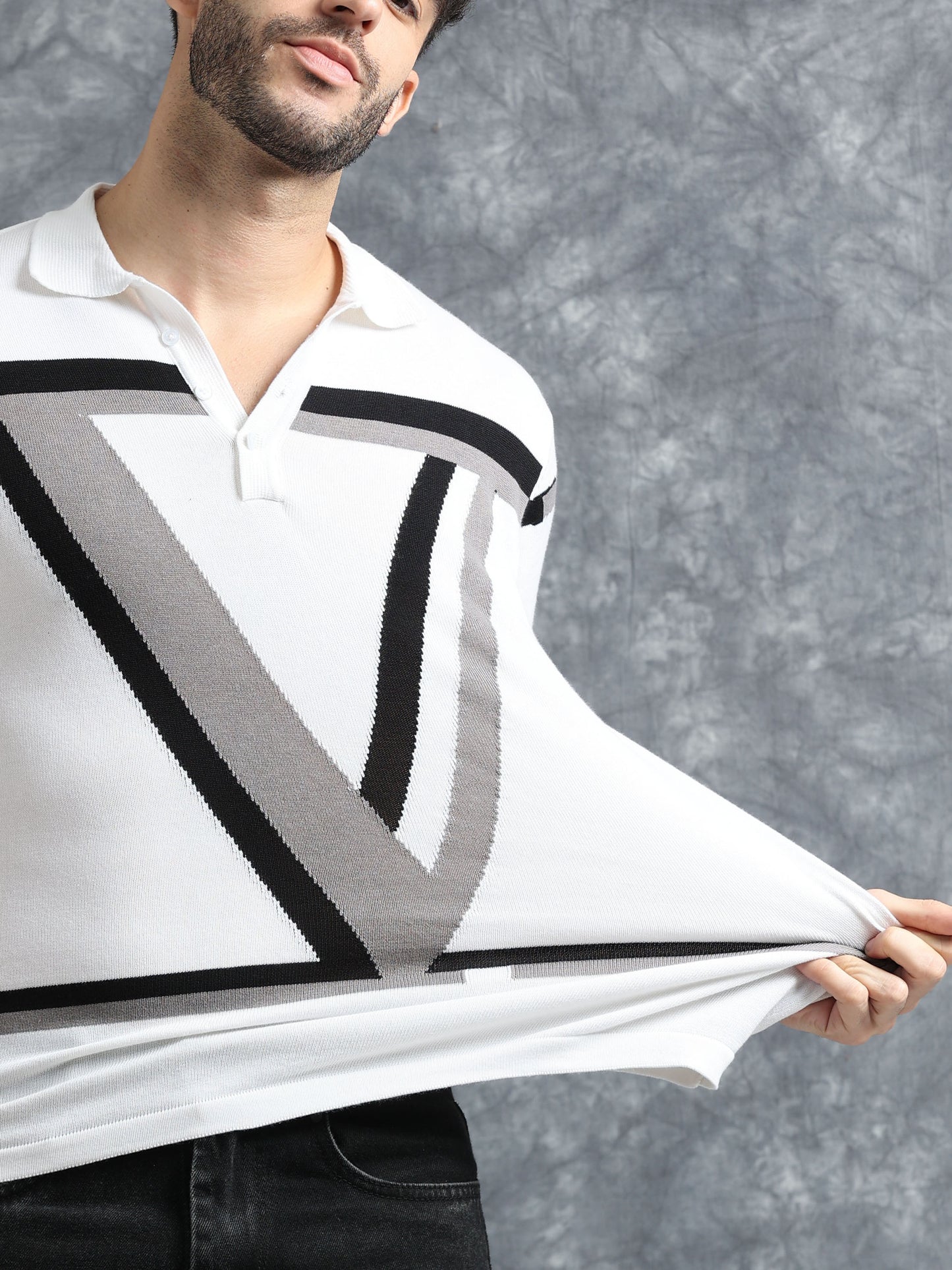 Classic V Design Polo Tee - Black & Grey