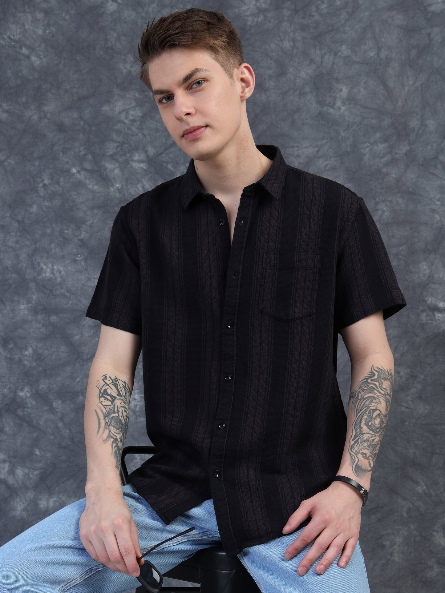 Black Textured Striped Half Sleeve Shirt