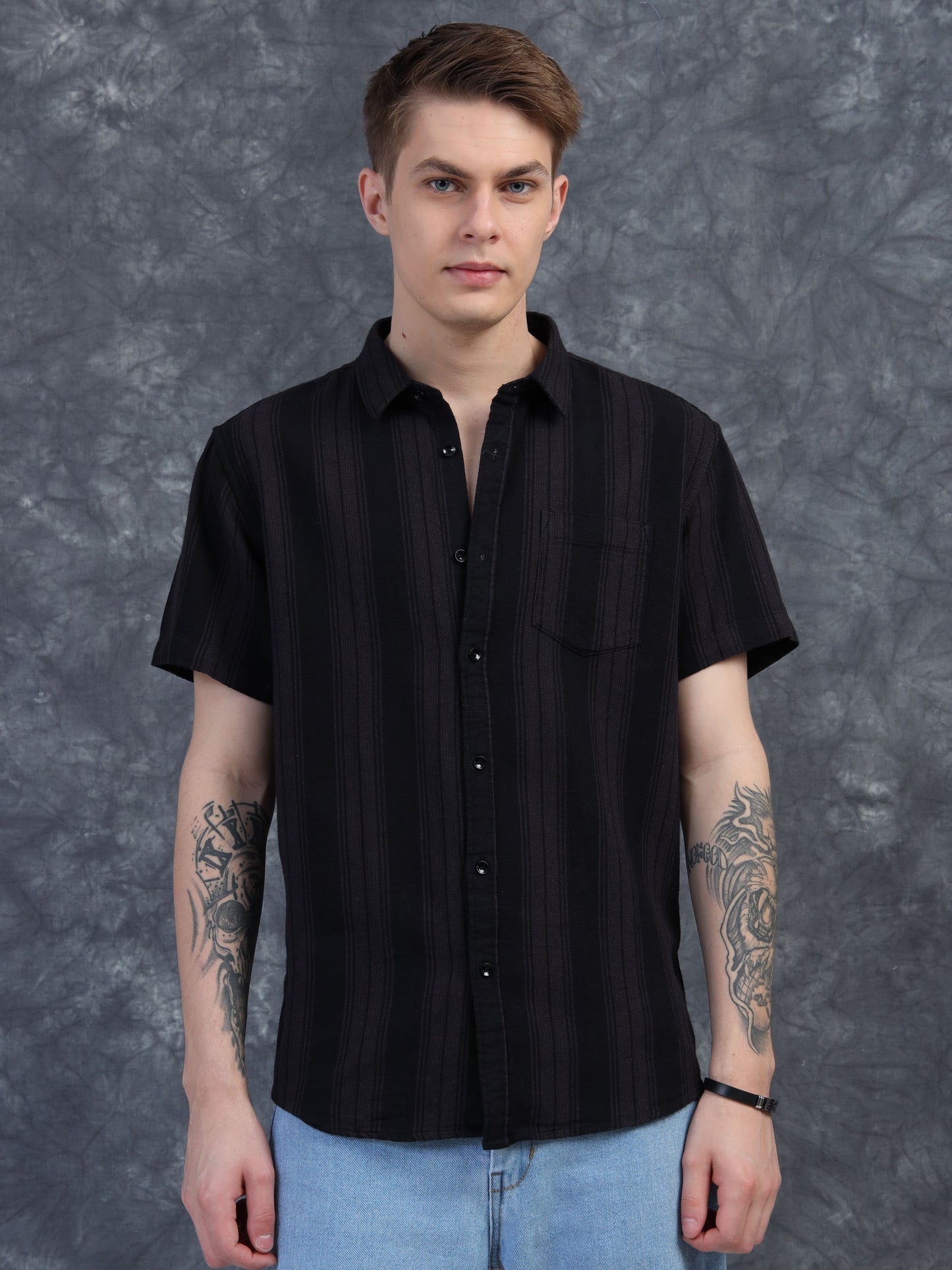 Black Textured Striped Half Sleeve Shirt