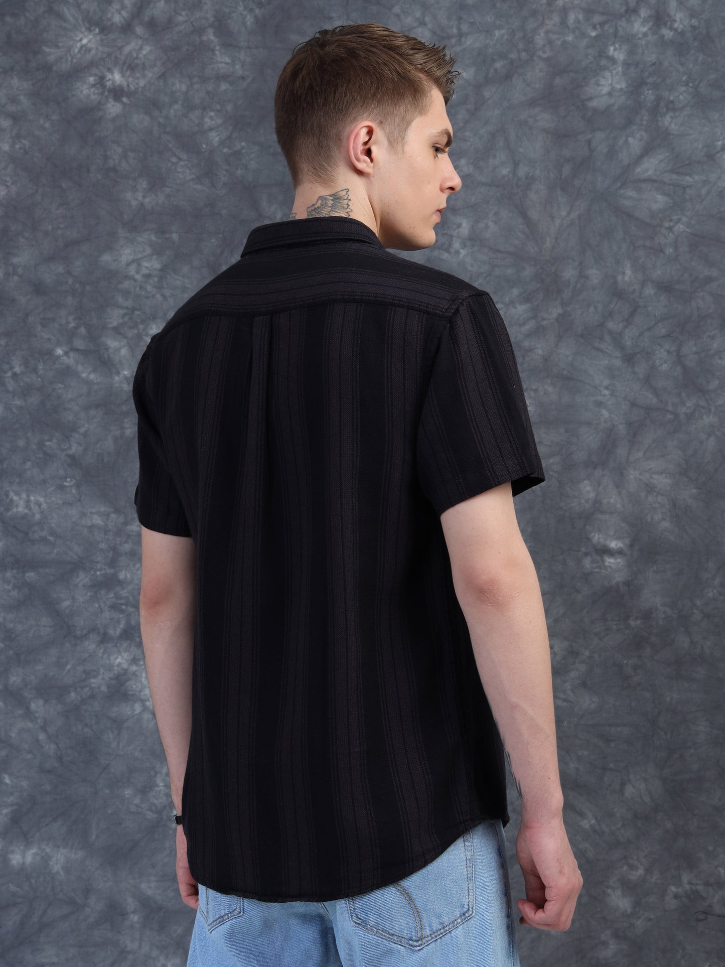 Black Textured Striped Half Sleeve Shirt
