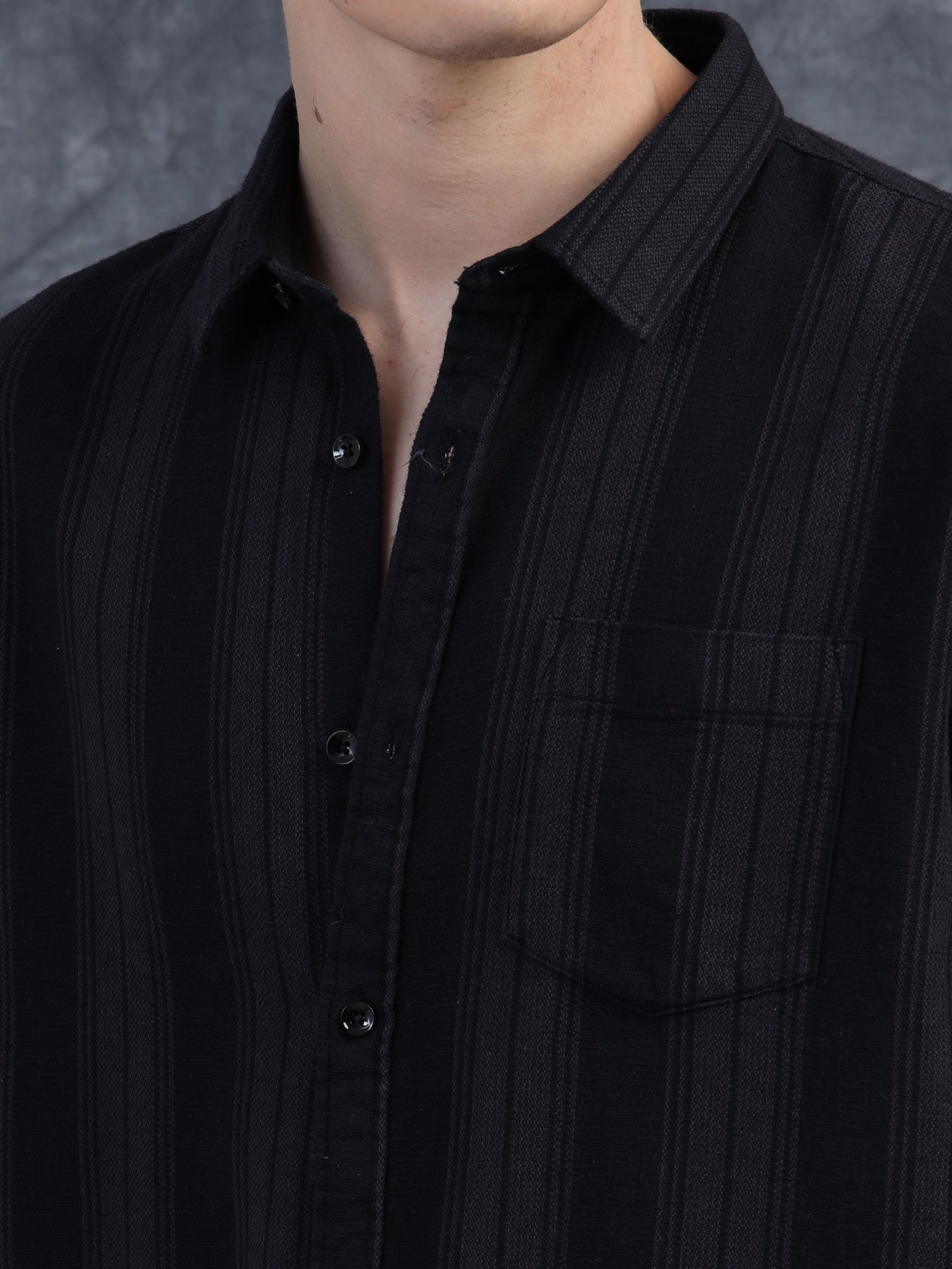 Black Textured Striped Half Sleeve Shirt