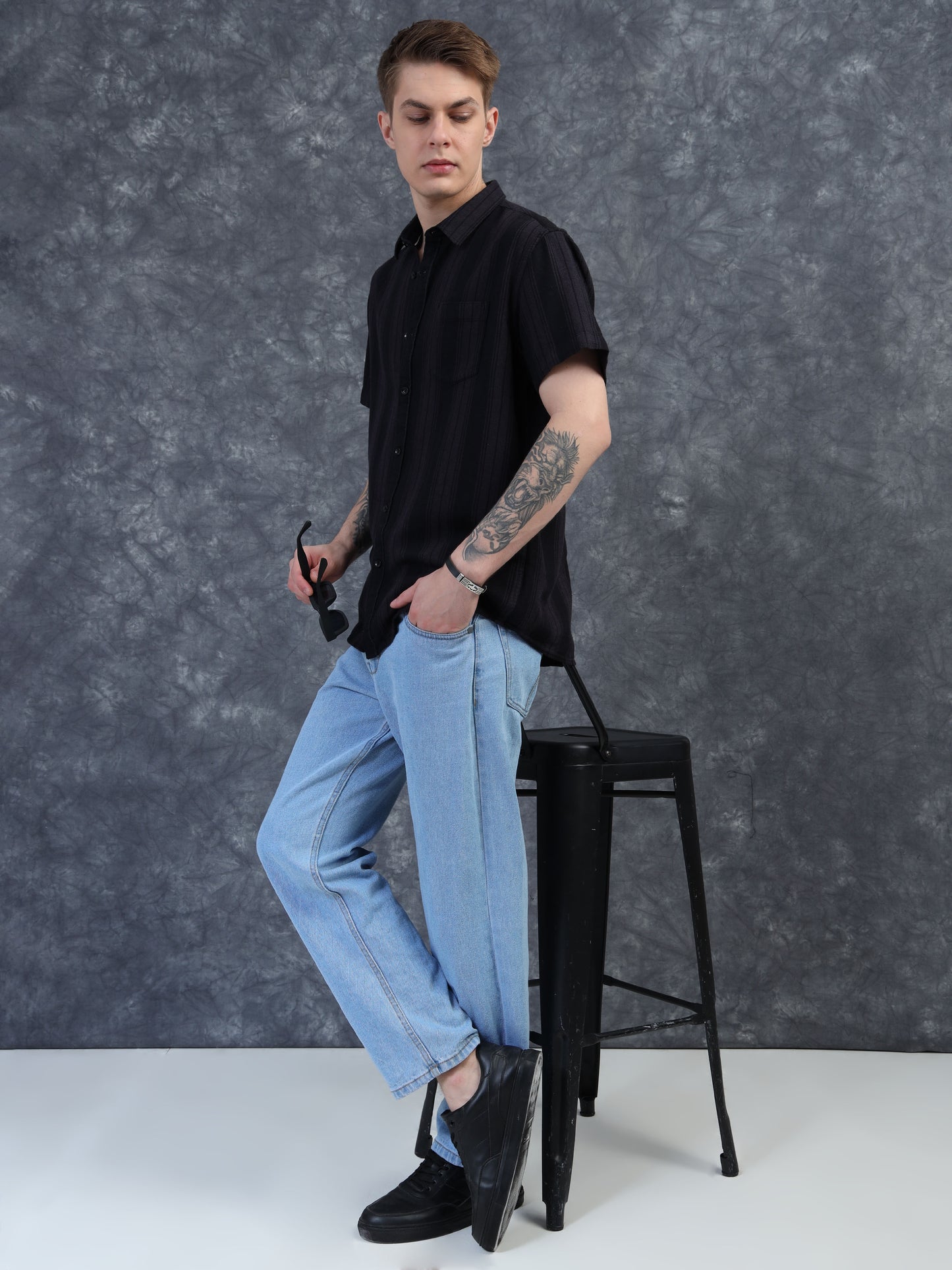 Black Textured Striped Half Sleeve Shirt