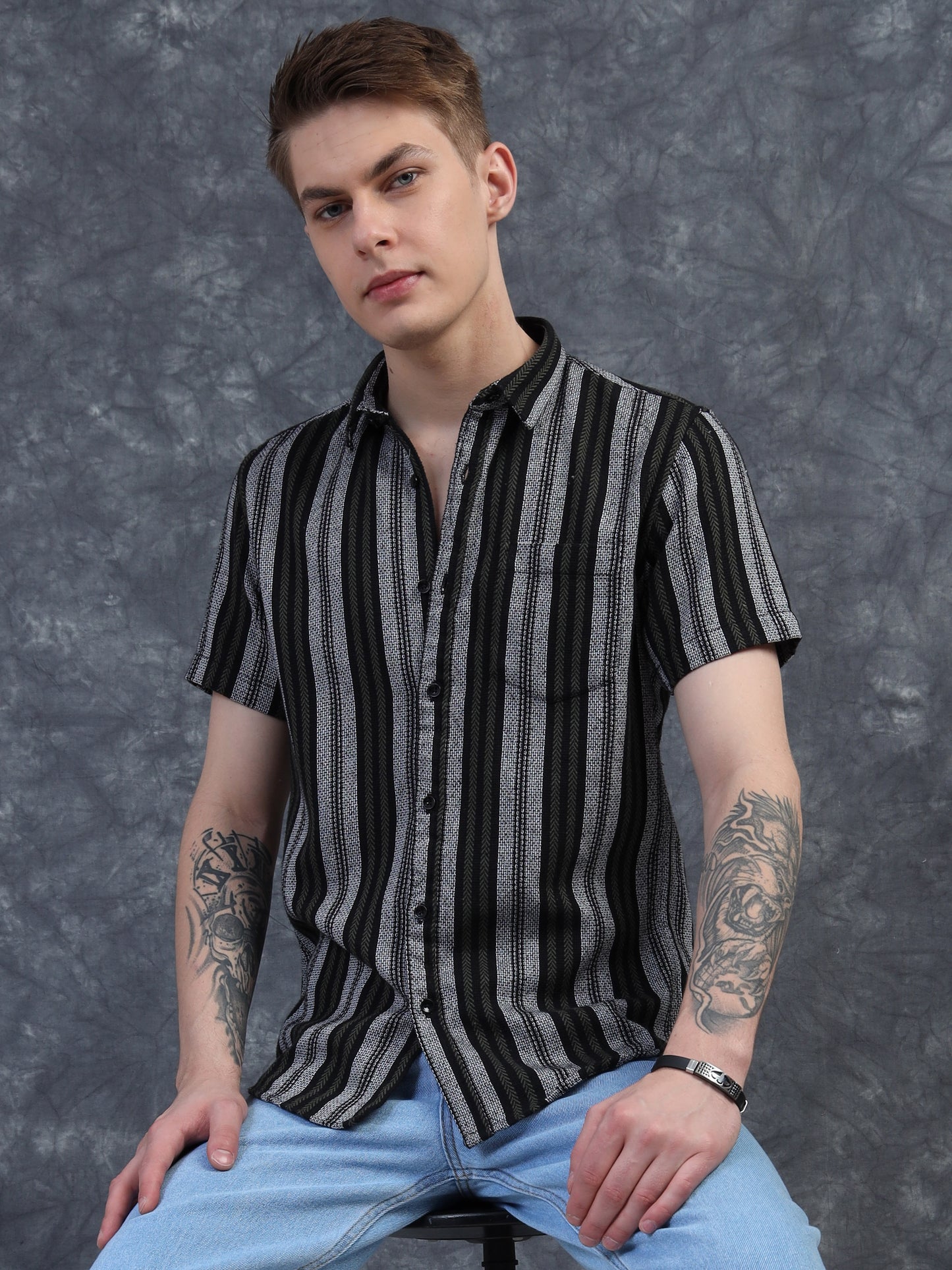 Black and White Striped Half Sleeve Shirt
