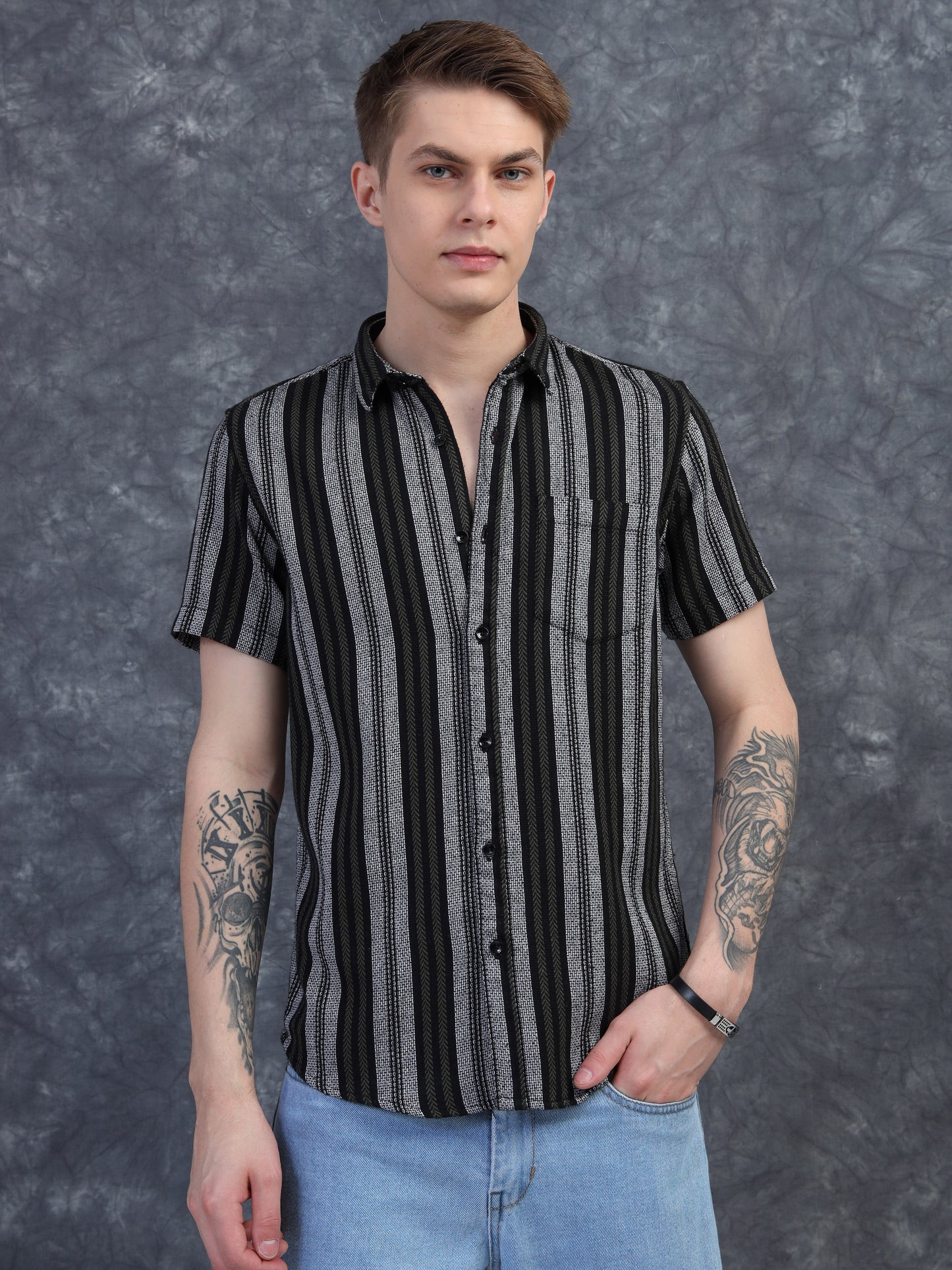 Black and White Striped Half Sleeve Shirt