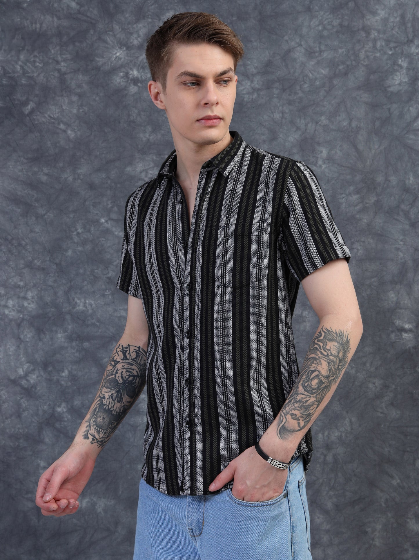 Black and White Striped Half Sleeve Shirt