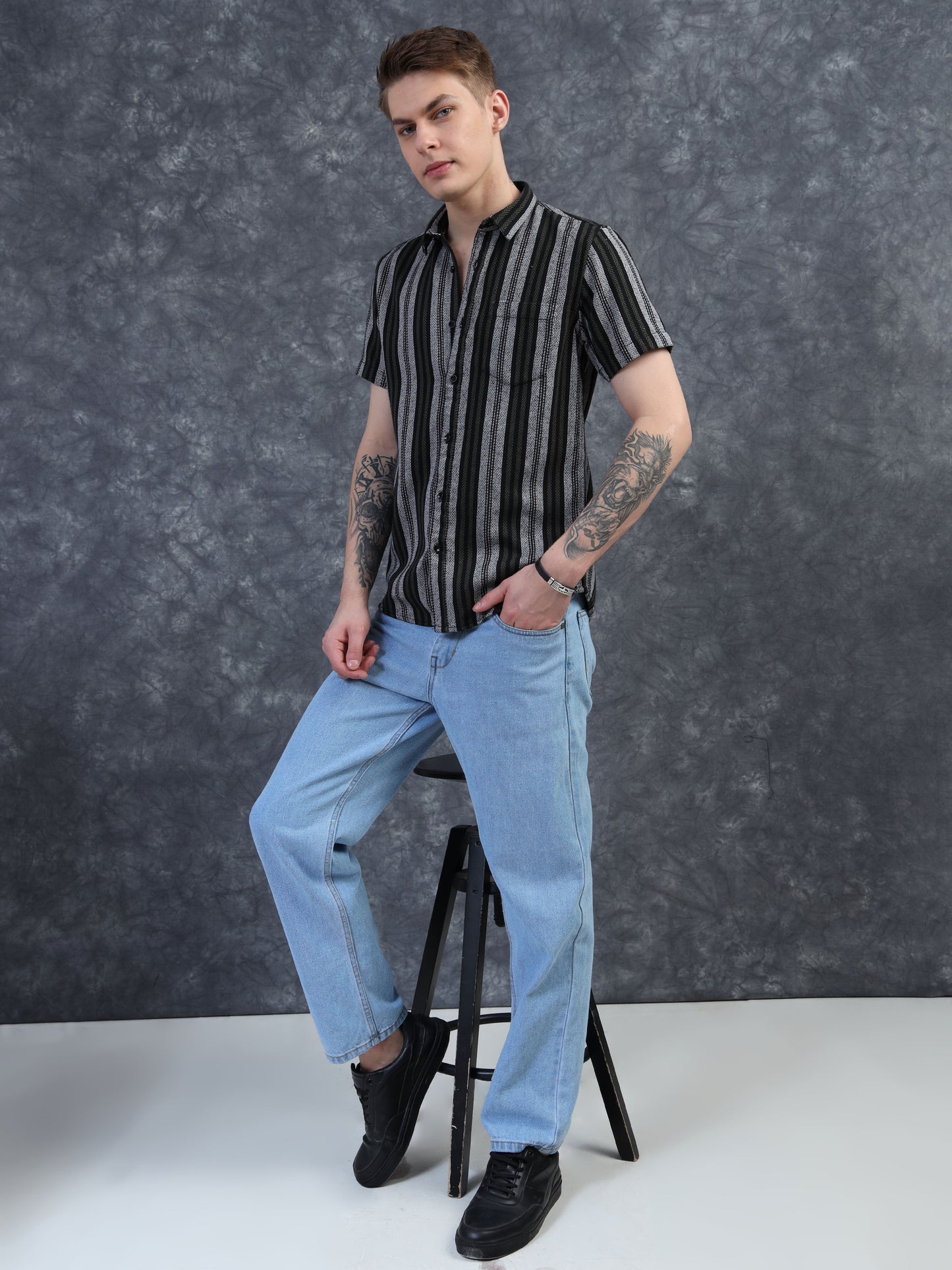 Black and White Striped Half Sleeve Shirt